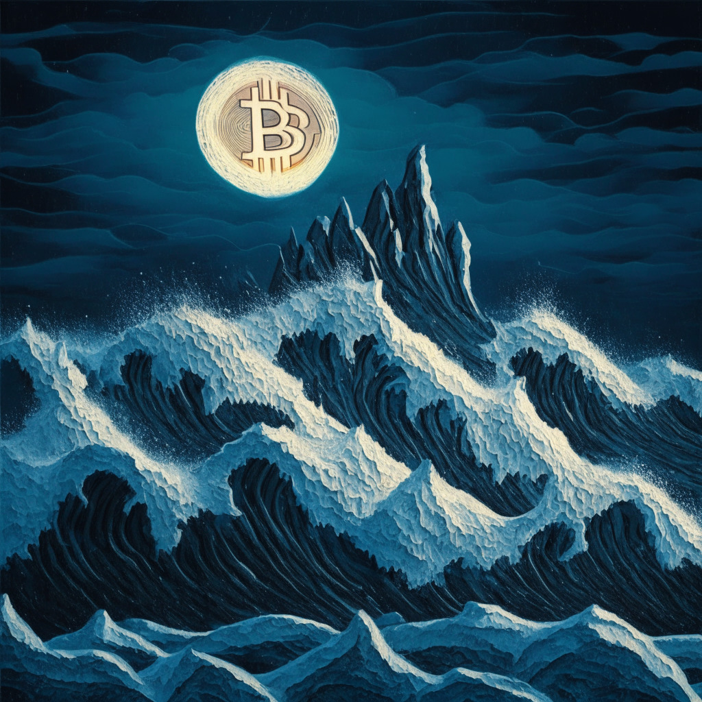 Depict an icy wave crashing against a symbolic Bitcoin structure, set in winter at dusk. Use expressionist style to represent the tumult and turbulence of cryptocurrency market. Create a sense of unease and anticipated change to portray market instability. Include hints of a beacon light over the horizon to signify hope and potential recovery.
