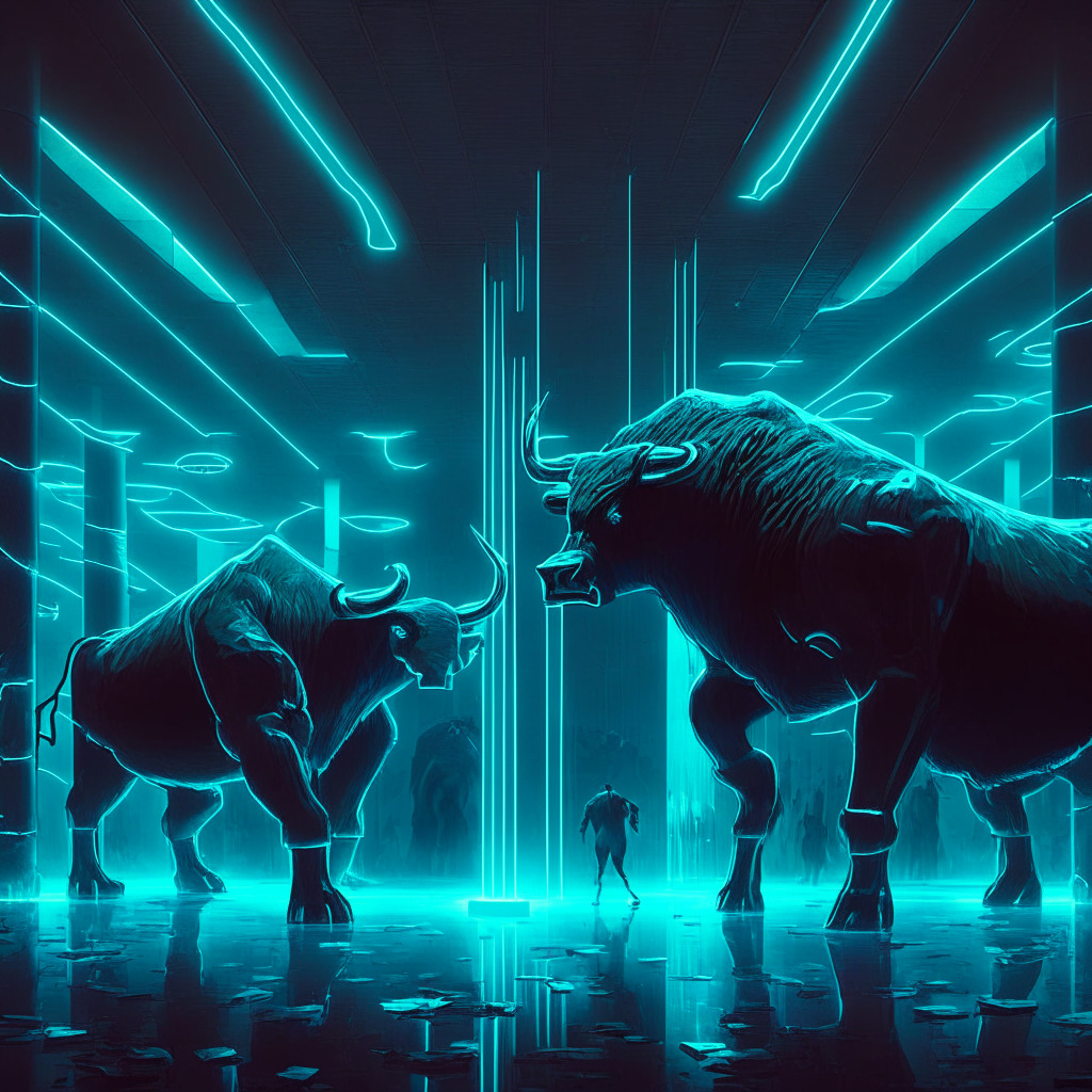 A tense standoff within a futuristic trading floor illuminated by an ominous dim nocturnal light. A dazzling neon Bitcoin at the center, teetering on a towering wall marking $29,000. The environment echoing a potent sense of suspense. Bristling bulls and daunting bears around, demonstrating anxiety and anticipation, the artistic style reminiscent of futuristic dystopian visuals.