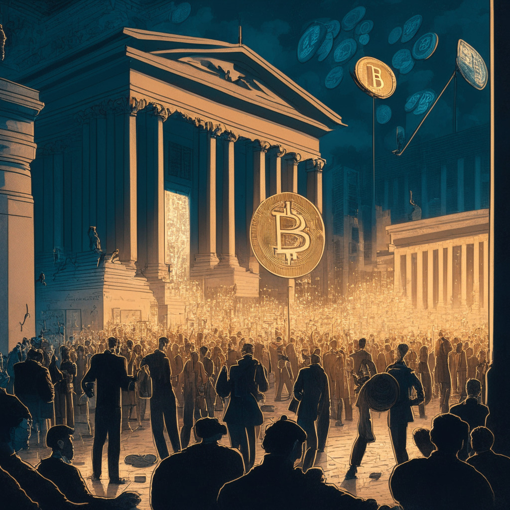 An evening scene of a bustling digital currency marketplace, filled with symbolic representations of investors and innovators. Bitcoin is prominently featured, metaphorically reflecting its $26,011 valuation. The mood is cautious yet hopeful, capturing the mix of concern and potential surrounding cryptocurrency tax proposals under a looming shadow of an official building signifying government control. A discrete indicator displays high inflation rates, while non-stablecoin cryptocurrencies subtly retain their places. In the background, a scale represents the 'Cointime Economics' model, hinting at a complex world of evolving digital assets. The artistic style is neo-futuristic, with electric blues, vibrant golds, and deep, shadowy grayscale tones for a sleek, moody atmosphere.