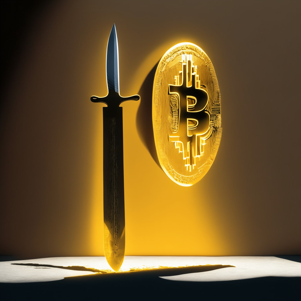 A large golden knife balanced precariously on its edge, one side bathed in radiance to symbolize a thriving Bitcoin market due to the ETF's approval, illuminating a towering Bitcoin symbol toward the $150k mark. The other side cast in cool shadows predicting the potential ETF's rejection, still highlighting a resilient Bitcoin regardless, its trajectory curving upward but not as steeply. A spectating crowd with mixed expressions in the background, their gaze piercing the haze of uncertainty, reflecting the speculations and anticipation. The artistic stylization drawing inspiration from Renaissance art to evoke the drama, emotion, and tension of the scene, with the lighting reminiscent of chiaroscuro technique, adding depth and contrast.