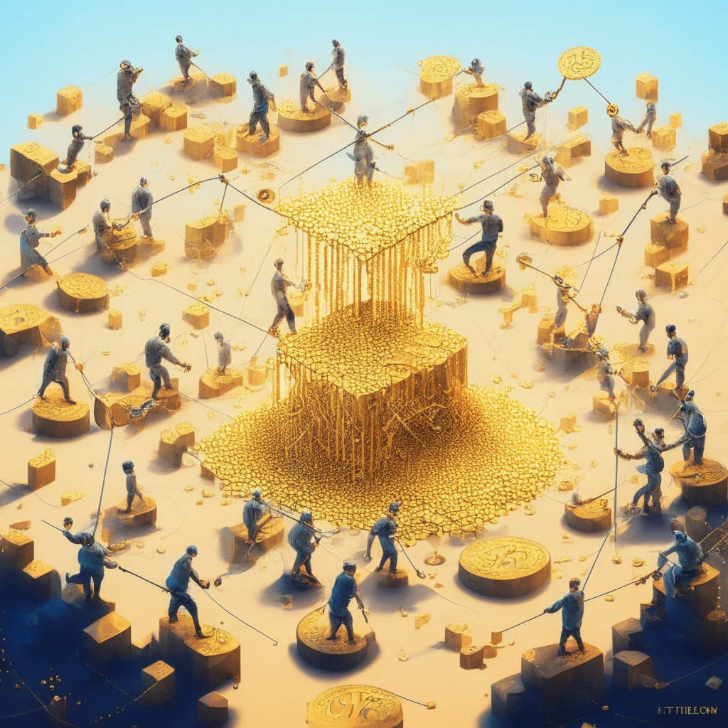 A midday scene full of golden hues, a teeter-totter in perfect balance in the center-symbolizing the delicate fee-to-reward ratio in the Bitcoin network. Digital miners chiseling away at intricate 3D mathematical puzzles, their tools leaving a trail of sparkling pixels. An ethereal crowd waits fervently, portraying users eager for transaction confirmation. Evocative of neo-futuristic art, the image emits an intense, suspenseful mood.