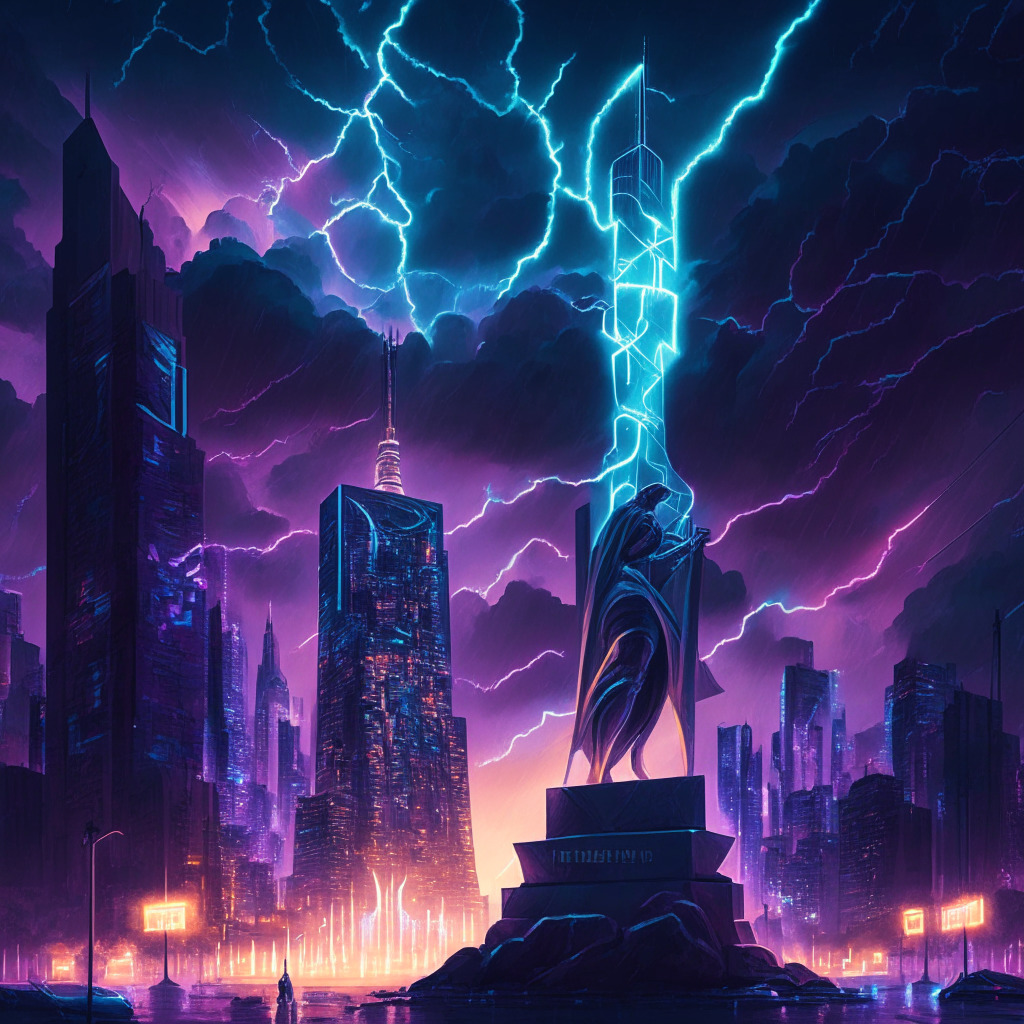 A futuristic cityscape at dusk, imbued with an aura of anticipation and suspense. The city is filled with neon symbols representing Bitcoin, while a huge, tributary statue of an hourglass epitomizes the countdown to the halving event. The sky is illuminated by streaks of lightning to reflect the charged atmosphere. The brushstrokes evoke the pseudo-realistic rendering of cyberpunk art to capture the edgy and exhilarating nature of the cryptocurrency world, while the cool palette reflects the uncertainty and unpredictable nature of the Bitcoin market.