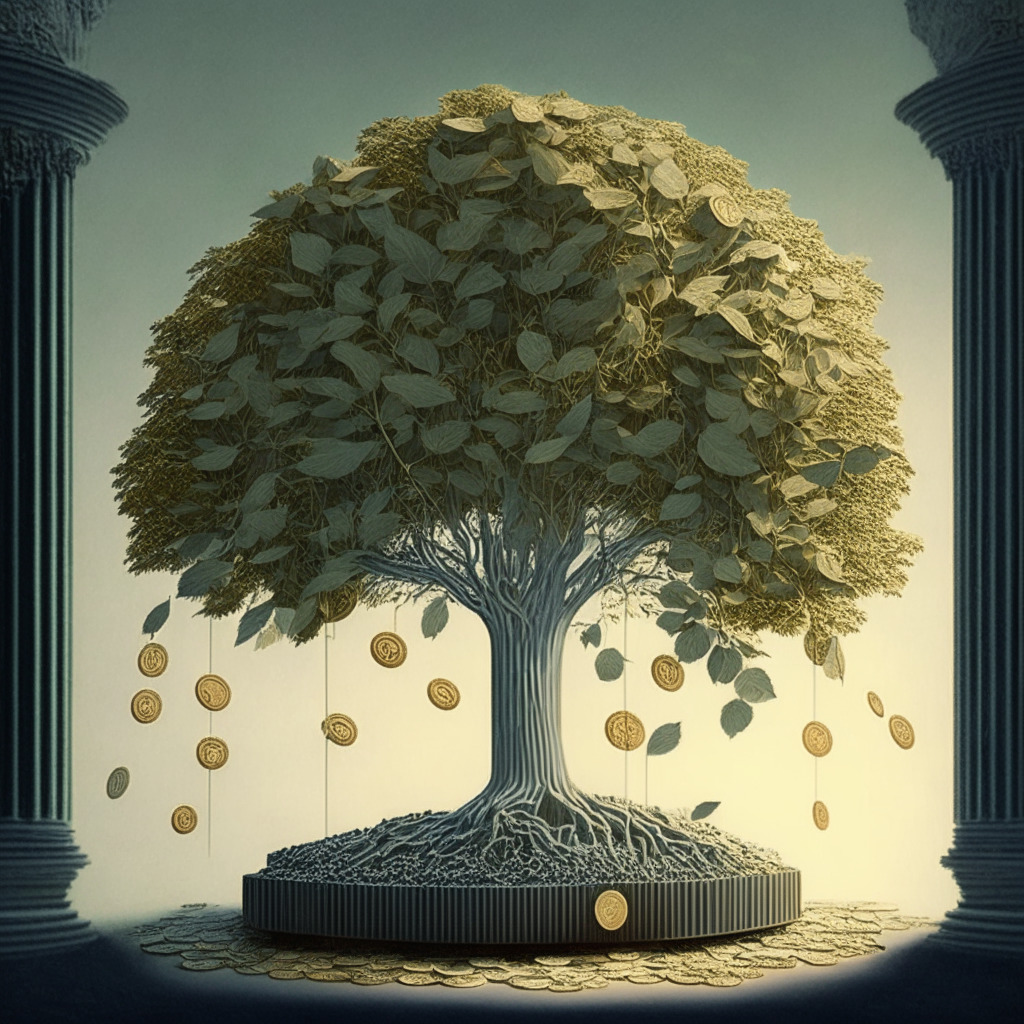 A conceptual, surrealistic art piece, illuminated by muted daylight, capturing a serene scene of alternative financial growth. The artwork evokes an intangible sense of hope and progression - a blooming Bitcoin tree perched atop a vintage Federal Reserve structure, symbolizing the contrast and potential transformation. The leaves are replaced by digital coins, glinting subtly, the trunk robust. The mood is soft optimism, a subtle golden hour hue washes over the scene, embodying the hopeful surge of Bitcoin amidst the deep-seated, monochrome structure of traditional finance.