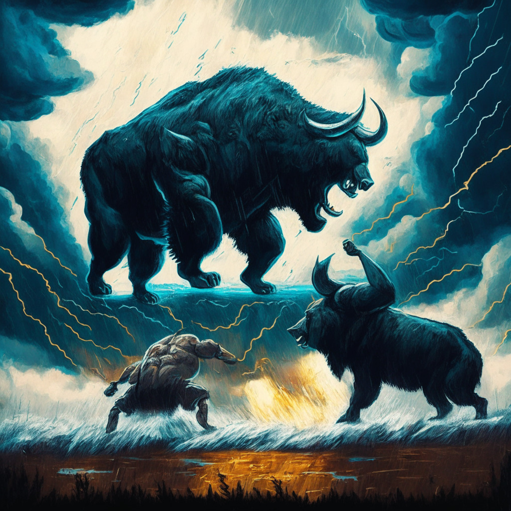 Imaginative representation of the Bitcoin market, a dramatic battle scene between a raging bull signifying positivity, optimism and a ferocious bear representing bearish skepticism, uncertainty under an ominous sky. The scene should embody both elements of austerity and a glimmer of hope shining through the stormy landscape, an expressionistic style to symbolize the volatility, the depth of colors should portray the mood of suspense and unpredictability.