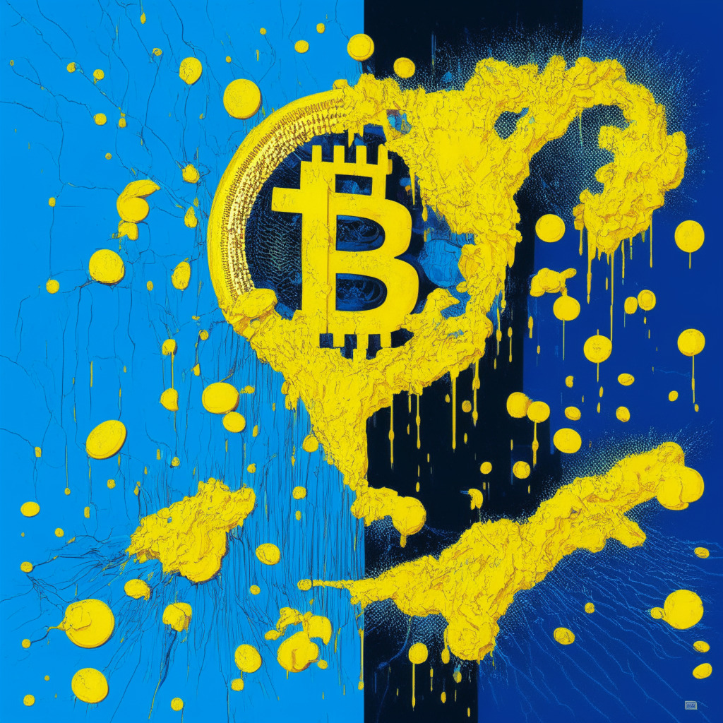 A vibrant digital disruption represented by soaring Bitcoin, emphasizing feelings of optimism. Recreate an exciting scene mirroring the surge in cryptocurrency trade size, incorporating contrasts of deep blues and bright yellows paralleling the market's volatility, enforced with nervy, edgy lines, highlighting the bittersweet triumphs and uncertainties of Bitcoin market shifts. The mood should be thick with anticipation and apprehension.