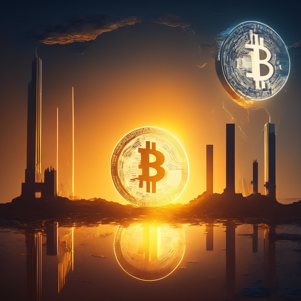 A bright, futuristic scene with a symbolic representation of the European continent standing tall in a digital landscape, illuminated by the golden glow of a shining Bitcoin which casts long shadows. It's surrounded by smaller traditional financial symbols fading in the twilight, signifying emerging digital dominance. The overall mood is optimistic but cautious, achieved with a mix of warm and cool tones.