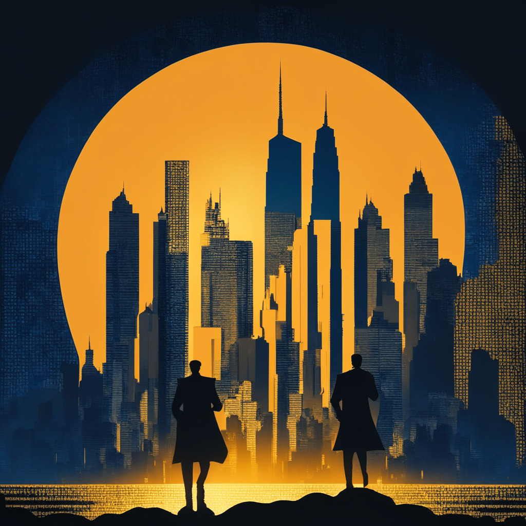 A dynamic financial landscape at the twilight hour, cryptic amber hues and cold blue shadows battling on the skyline of a cityscape filled with skyscrapers, symbolizing the Bitcoin market's volatility. A bouncing golden coin featuring the Bitcoin logo in the forefront, wobbly but resilient. In the background, the silhouette of a mystery man, highlighting the billionaire's speculated influence. An array of cryptic symbols alluding to various technical indicators like MA, MACD, and RSI floating in the wind, hinting at a bullish trend. Overall, a sense of dramatic suspense envelopes the scene, reflecting market uncertainty and the intricate game of risk.