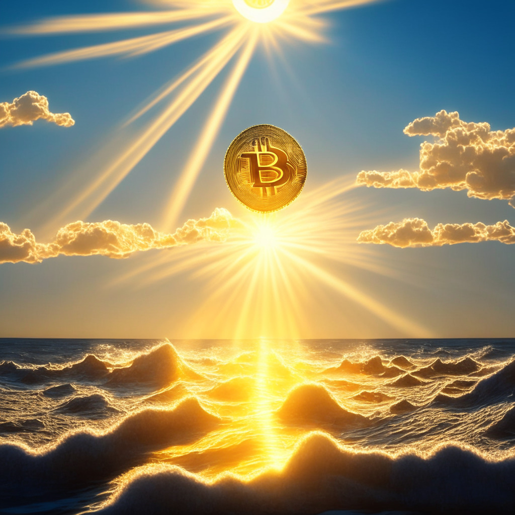 A golden wave representing the upward surge of Bitcoin, under a clear morning sky portraying new hope. The sun's rays subtly hint at more than one spotlight, in anticipation of multiple ETF approvals. An Ethereum-embedded coin symbolizing PayPal's stablecoin, gleaming under these soft rays. Overall, the scene exudes a cautiously optimistic mood, while a looming grey cloud in the distance representing upcoming inflation data adds a sense of suspense.