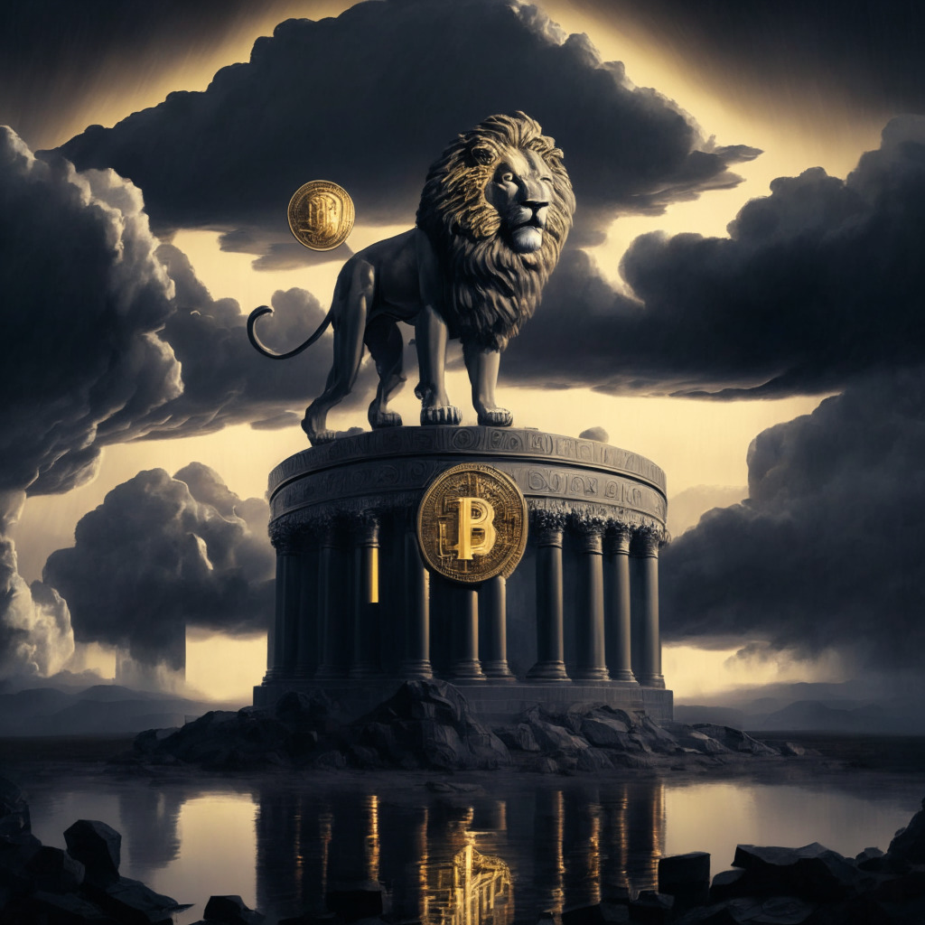 A twilight-hued financial landscape, a massive ornate golden lion representing Bitcoin, poised before a towering $30,000 monolith. A silver flat disc symbolizing Ethereum sits poised in the balance. The anticipation of financial forecasting hovers in black clouds above, hinting potential upheaval. The scene reflects suspense, a mix of optimistic and pessimistic sentiment.