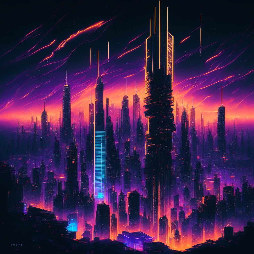 A vibrant, cyberpunk-style cityscape at twilight, swathed in the glow of hectic yet hopeful neon lights. Dynamic skyscrapers tower prominently, representing cryptocurrency values, with the tallest prominently engraved with '30K', edges pulsating with a golden light. Dark, swirling clouds symbolising market volatility loom above, yet stars of potential and speculation glimmer in the distance. A palpable sense of anticipation permeates the urban landscape teeming with futuristic investors and tech icons, casting a hopeful gleam on their faces.