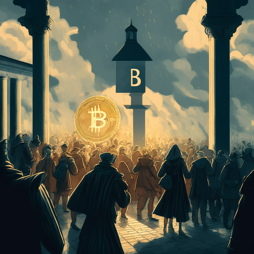A midday crypto market bustling with traders, Bitcoin shining like a beacon against other cryptocurrencies under an overcast sky, hinting at an uncertain forecast. Style reminiscent of the Renaissance period, contrasting bold colors and details, illustrating a crossroad moment. Light filters through, casting soft shadow on Bitcoin, BEPE, EMERSO and XPEPE, symbolizing volatility and resilience.