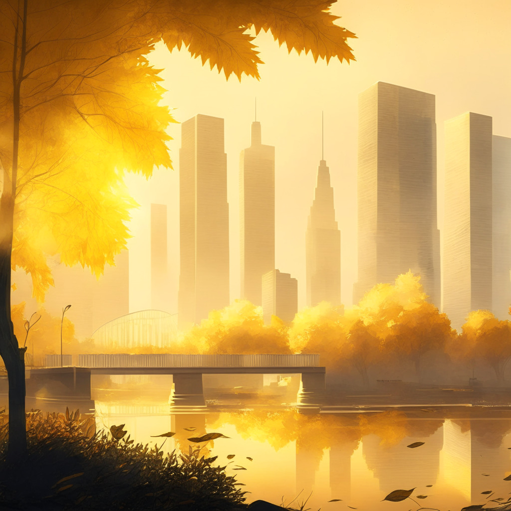 Misty urban skyline under a golden sunrise, Federal Reserve Bank looming large, portraying economic dominance. Nearby, a physical Bitcoin, luminous and resilient amidst a scattering of falling autumn leaves, signifying volatility. Render in an impressionistic style, with soft light evoking an aura of uncertainty, tension, yet potential. A bridge in the background symbolizes the balance between traditional and digital assets.