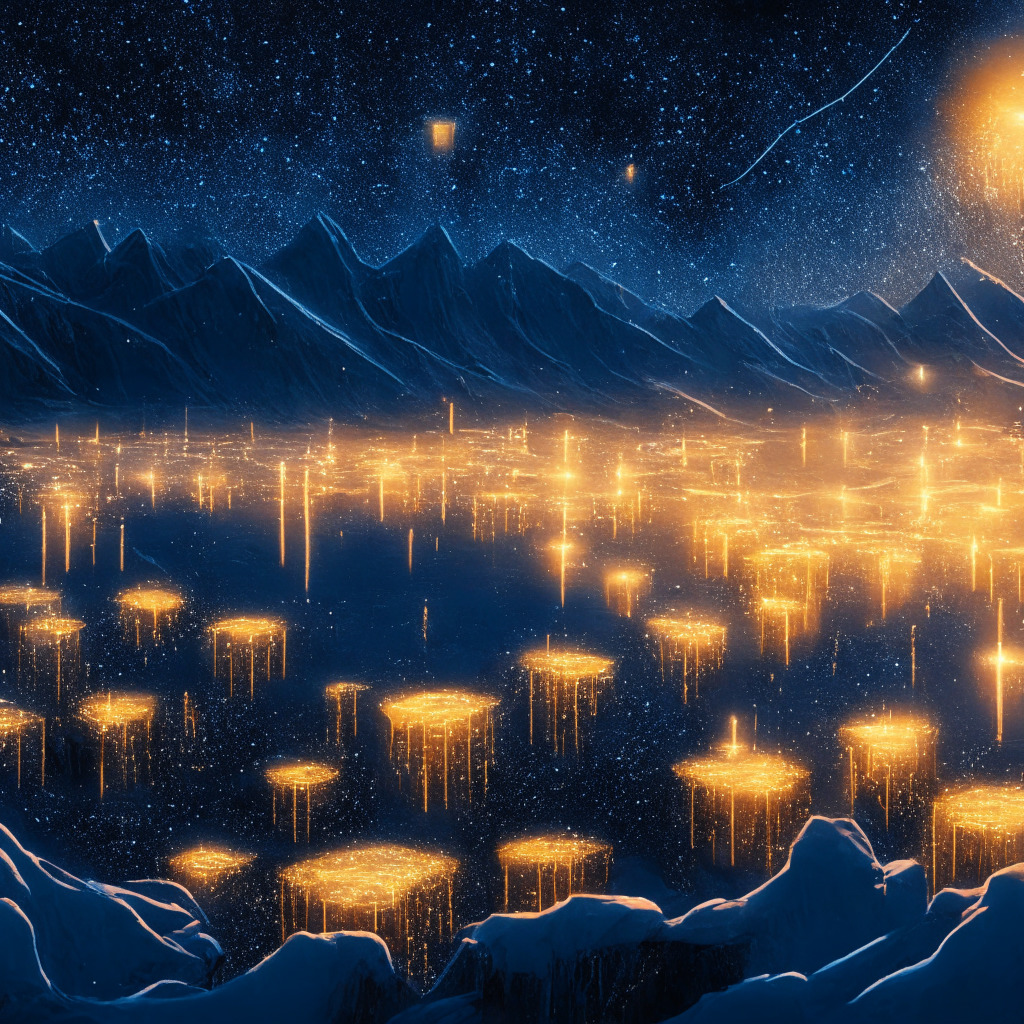 A digital artwork showcasing a landscape of futuristic Bitcoin mines, icicles of computational power suspended in a polar night sky, a network of golden constellations pulsating with the ebb and flow of the hashing rate. The scene bathed in a somber twilight glow, reflecting the uncertain market, with shards of rising sun on the horizon, symbolizing hopes of a promising rebound. The artistic style is a fusion of Cubism and Futurism, capturing the amalgamation of technology and financial potential.