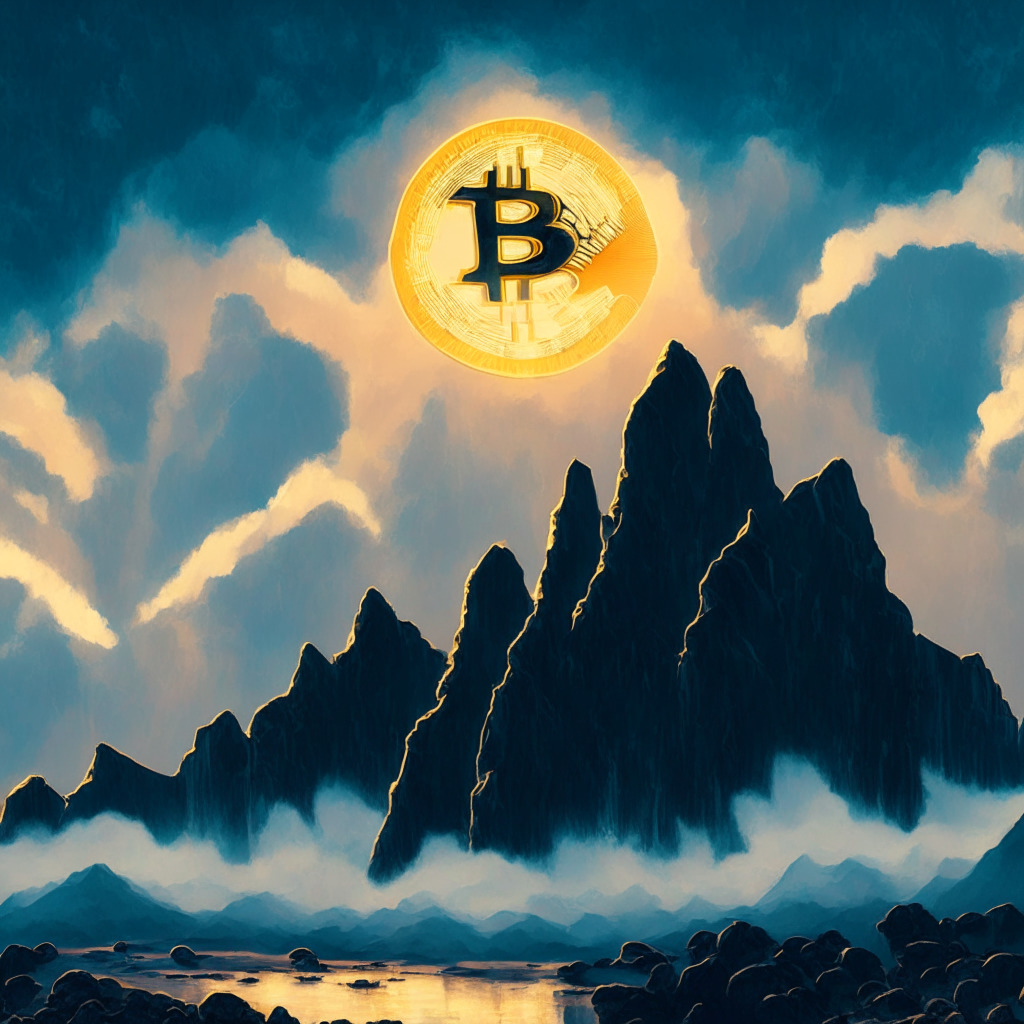 Digital landscape painted in the Impressionist style, myriad of cryptocurrencies floating like luminous celestial bodies against the backdrop of a bearish sky, dusk light setting casting shadows. Mood is somber yet hopeful. The main focus - Bitcoin, sitting on a precarious edge of a towering mountain, symbolizing $26,000 mark. In the foreground a silhouette, representing MicroStrategy, stubbornly clutching Bitcoins despite shadows of losses.