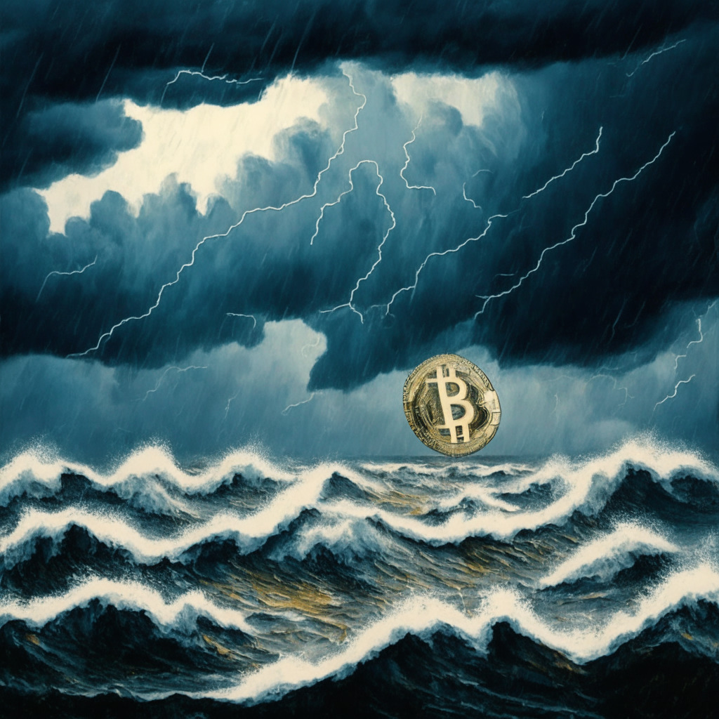 Gloomy cryptocurrency market, Bitcoin symbol sinking in a stormy sea under overcast skies, marked reduction trend in bold lines, dollar bills soaring upwards as dominating theme. Painted in an impressionist style, low-light setting creating a mood of uncertainty and concern.
