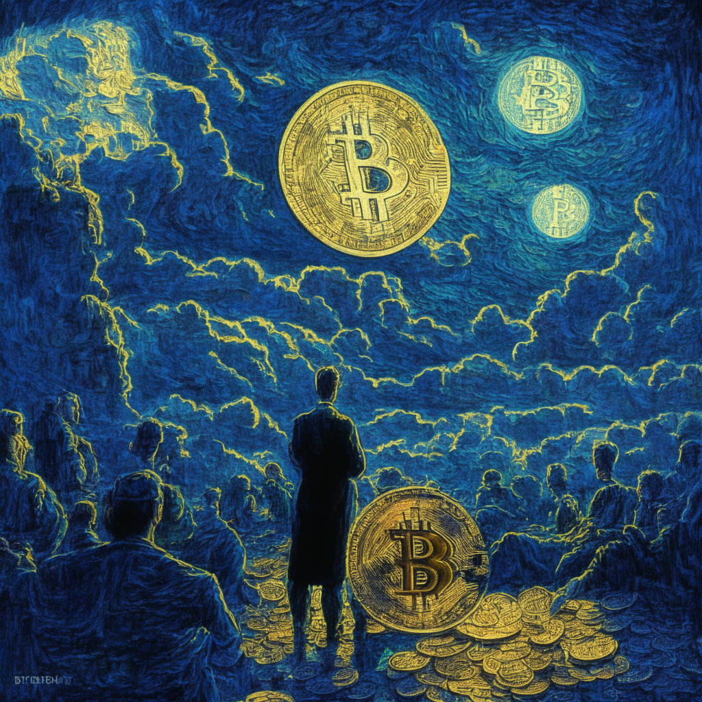 Twilight enveloping the cryptoverse, spotlight on a teetering Bitcoin coin embossed with value of $29,380, a looming stock market crowd in vivid Van Gogh post-impressionistic swirls. SEC watchdog looking pensive, miners hard at work, bountiful coins in some pockets, empty in others. Investing hopefuls peeping from edges, struck by the chilling yet enchanting spectacle.