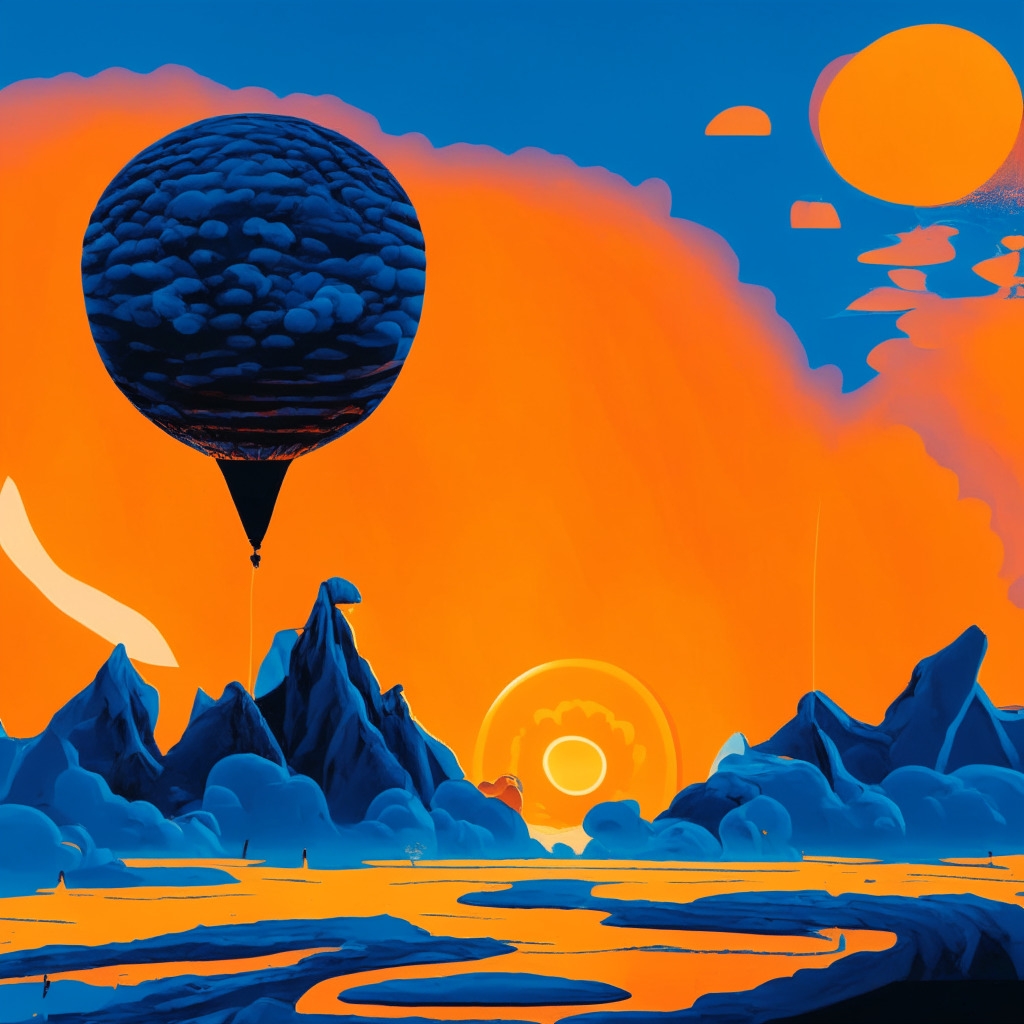 An abstract sunset landscape depicting a dynamic financial market, using cool tones contrasted against a warm horizon. The image centers on a rising balloon, symbolizing Bitcoin's surge to $30k, over jagged peaks and valleys, representing market fluctuation. The sky, blending from deep blue to fiery orange, paint the mood of uncertainty, optimism, and risk.