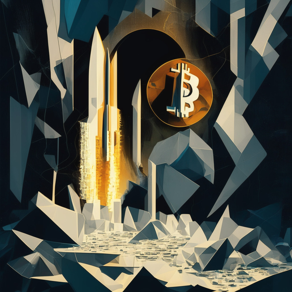 A representation of the tumble of Bitcoin in the shadow of a SpaceX rocket, in an abstract cubist style. The setting is stark, evocative of a fluctuating crypto market, illuminated by the cold, analytical light of a computer screen. The mood is chaotic yet curiously intriguing. Convey the mystery and controversy around Elon Musk's influence on the crypto sphere.