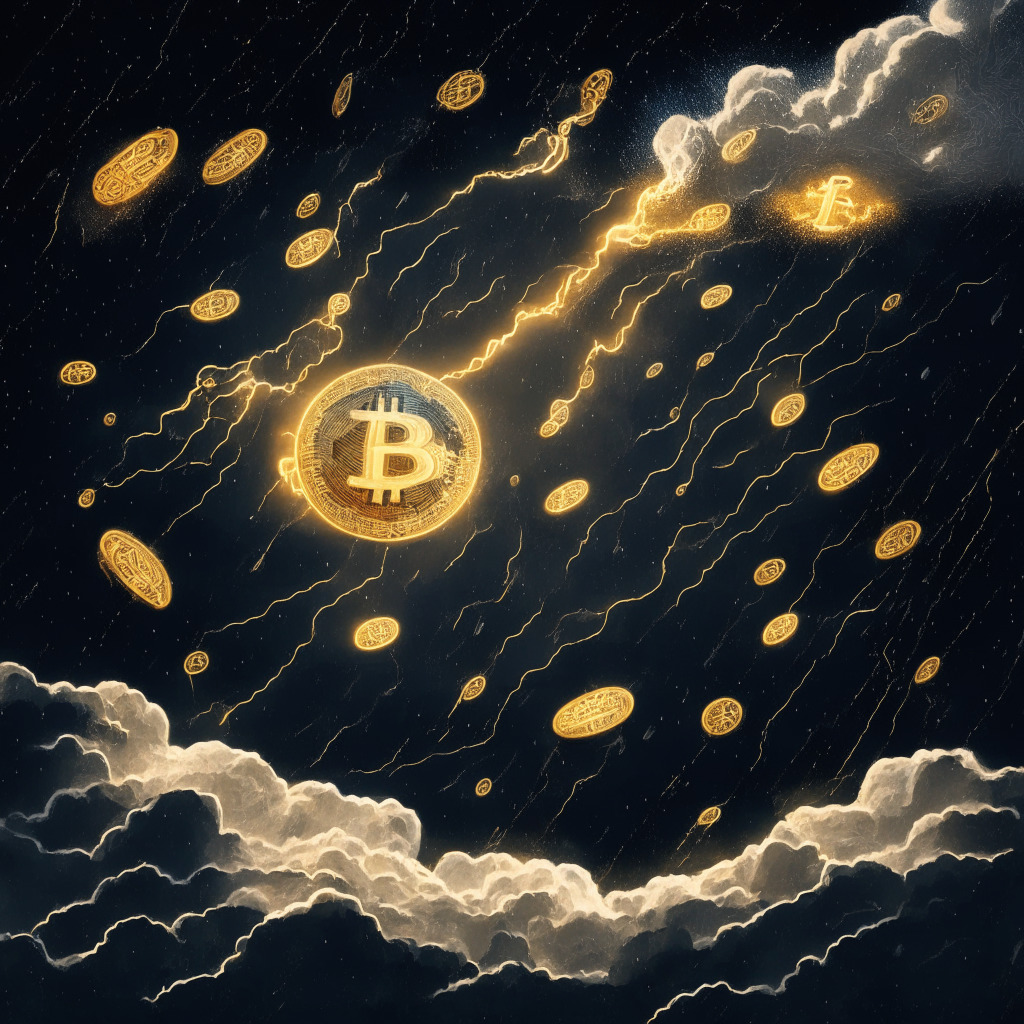 Surreal style depiction of a Bitcoin in a storm, Comet-like Bitcoin suspended betwixt support & resistance lines, dark clouds and turbulence indicating bearish trends, A golden ray symbolizing NFP data, USB cash apps as flying objects, Binance trading pairs as constellations, Dim light setting, Anxious and anticipative mood.