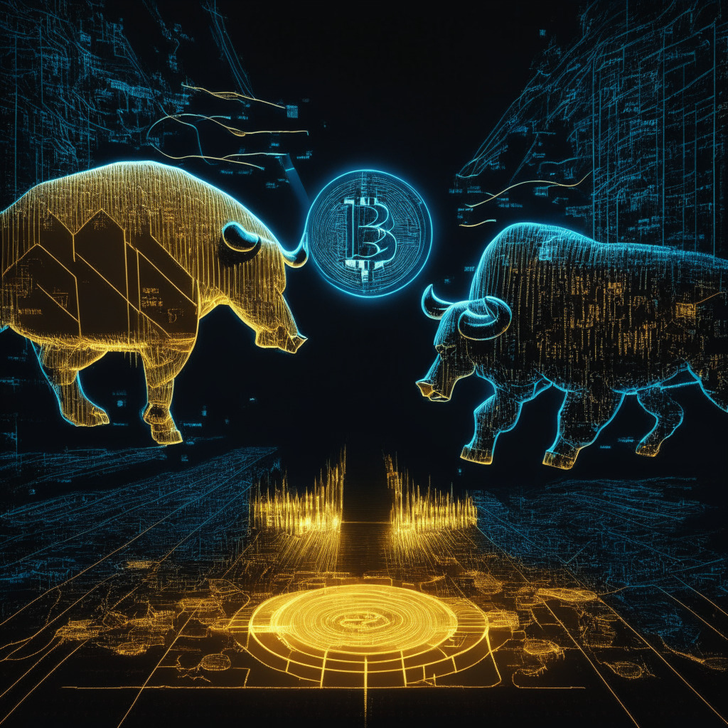 An abstract financial tug-of-war set in a stark cybernetic arena, night-time illumination casting deep shadows. One side represented by graphical bulls, the other by bears, tussling over a golden digital sphere labelled 29.3K, signifying Bitcoin price. In the backdrop, a trail leading to a Visa-like debit card which is pulsating with warm, inviting light, symbolizing hope and transformation in the cold, intense battleground.