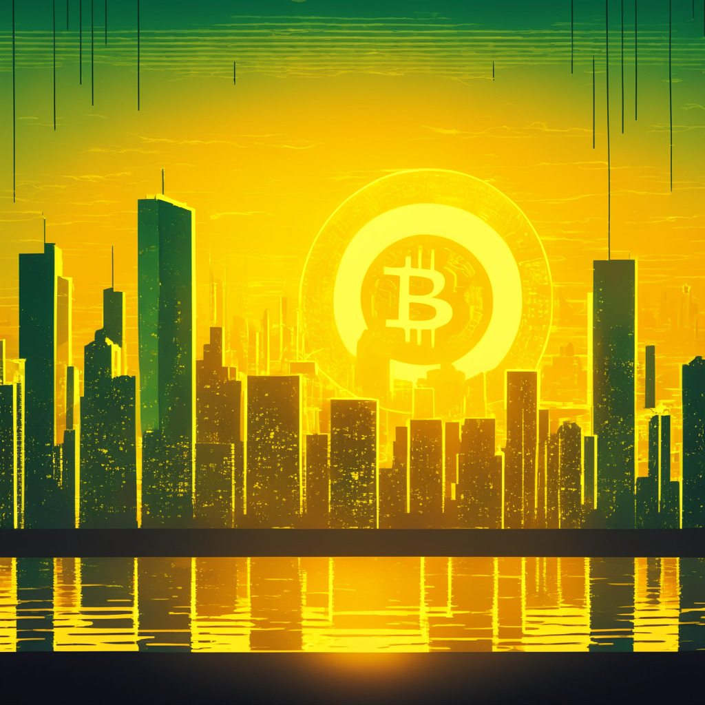 A digital representation of a vibrant financial market, hinting at the world of cryptocurrency. The scene represents a bullish Bitcoin market, with an optimistic yellow-hued sunrise over a vibrant city skyline in the background, contrasting with a moody, mysterious, low-lit foreground with hints of green and gold for fear and greed. Optional inclusion of a subtle, non-branded, abstract chart subtly suggesting a steady rise, and a looming date to hint at impending decision. Although overall mood is optimistic, add elements of suspense and drama to convey the inherent unpredictability.