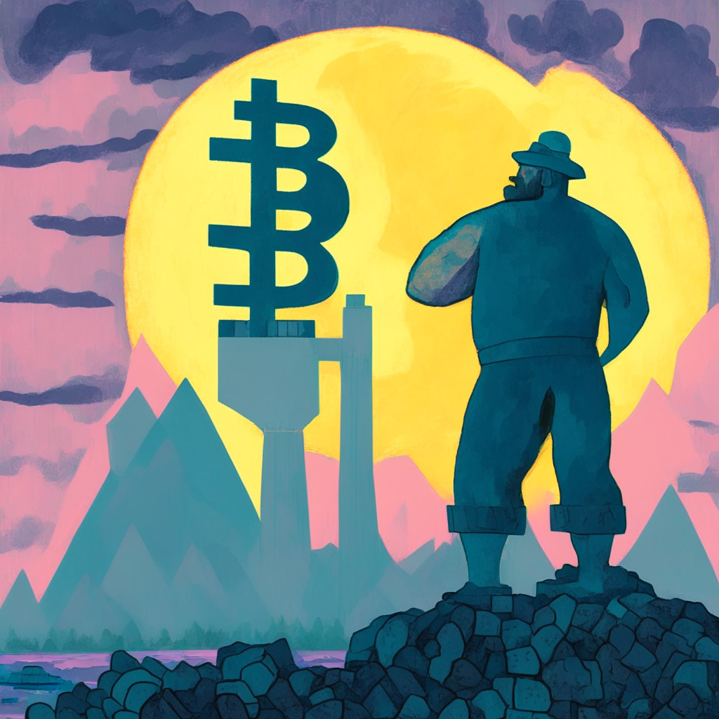 An abstract representation of various Bitcoin's value facets in an expressionist style. The scene set at dawn, in calm, pastel hues depicting a burly miner at work, signalling their confidence despite the looming volatility symbolized by a towering figure in the distance—an ominous representation of the Fed Chair. The mood is tense, balanced between optimism and uncertainty.