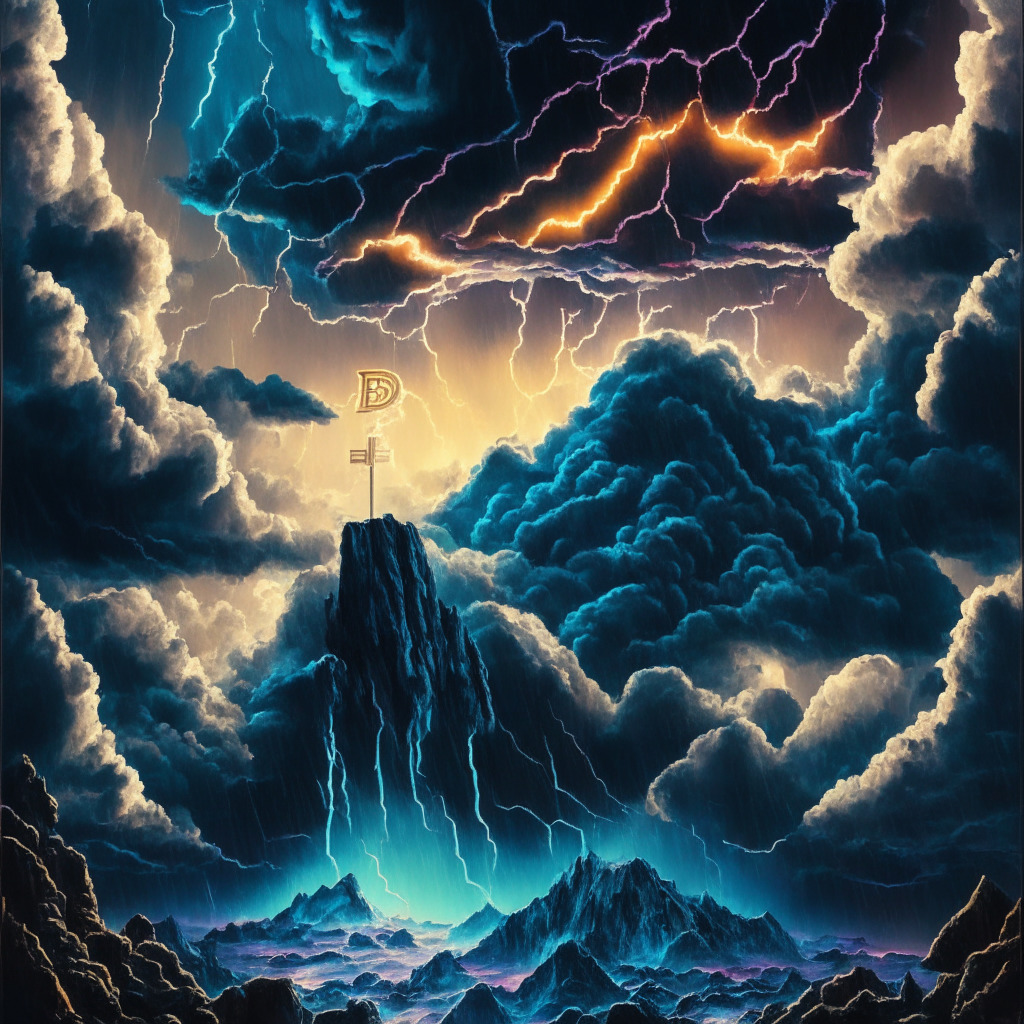 A dramatic scene unveiling the volatile world of cryptocurrency, predominantly featuring Bitcoin on the brink of a precipice, backlit by uncertain, stormy skies. Other emerging altcoins like DACT, SILKROAD, & BS soar high above in the sky, colorful and radiant. The style is dark and surrealism-inspired, overall imbued with tension and precariousness, capturing the essence of risk and reward.