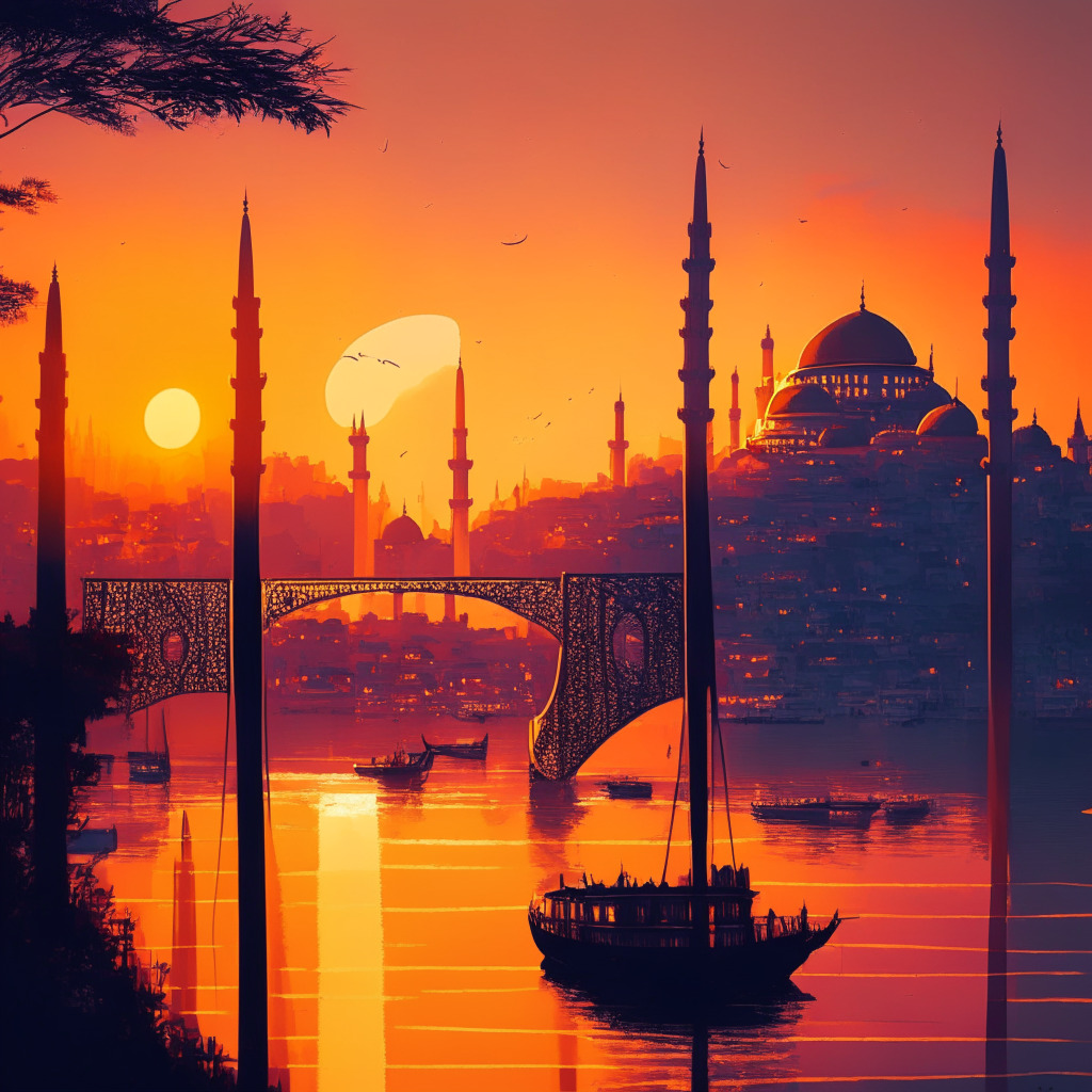 A vibrant, impressionistic cityscape of Istanbul under a golden sunset lighting, showcasing a seamless integration of traditional Turkish motifs with futuristic elements depicting the cryptoverse. A symbolic bridge in the foreground signifies the connection of traditional banking systems with innovative crypto platforms, the color palette is bathed in promising sunrise hues, reflecting an optimistic mood towards the merging world of finance.