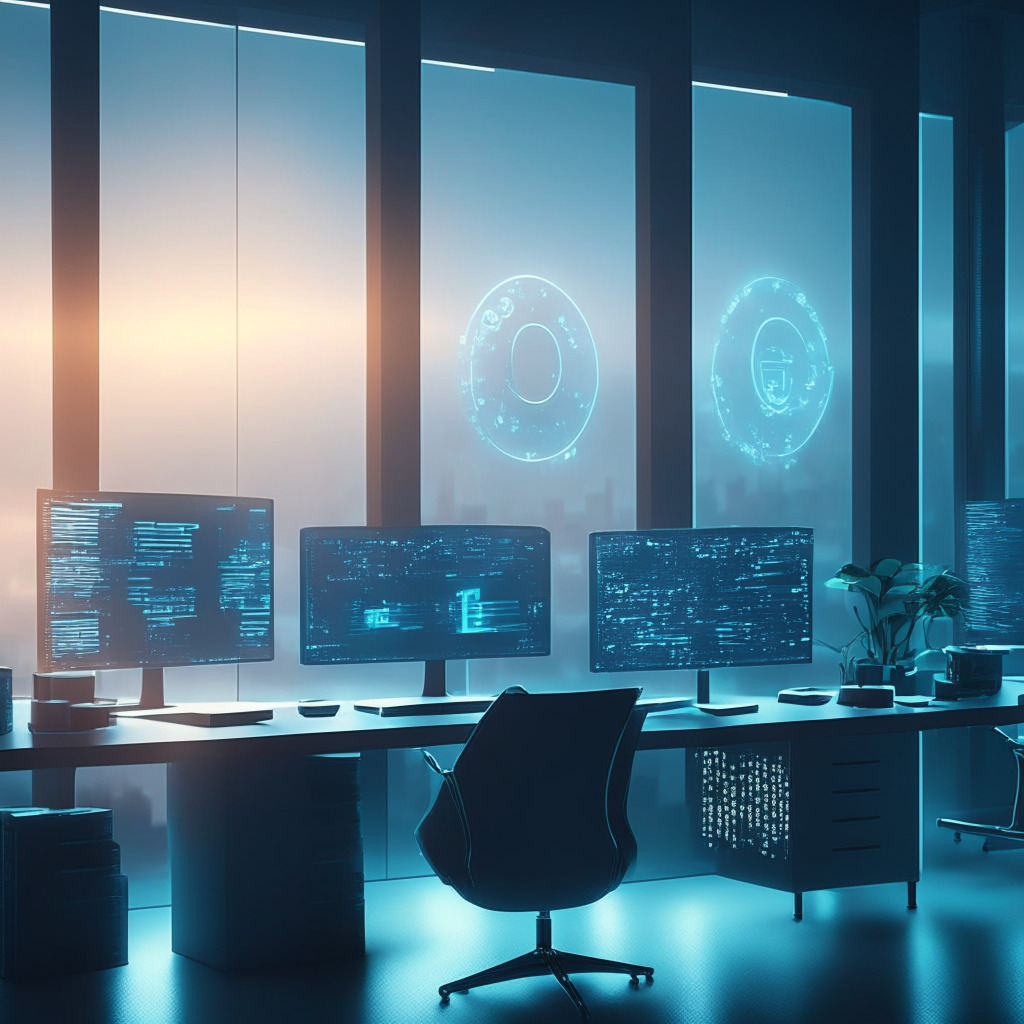 A futuristic, serene cryptocurrency exchange setting, afternoon dusk light pouring into a stylish, minimalist workstation. A holographic display shows symbols for intricate Know Your Customer protocols. Mood conveys a sense of responsibility, safety, and adaptability. The exchange is bustling with users, hinting at the international regulatory standards in the crypto community.