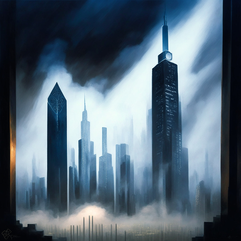A symbolic painting, brimming with tension, portraying a crypto exchange tower amid a bustling metropolis, Singapore backdrop partially shrouded by a veil of fog. Shining spotlights represent stricter KYC security gates at the entrance, sending out strong rays, signifying increase in security measures, but also casting longer shadows - symbolizing potential limitations on genuine enthusiasts. An hourglass sit atop the tower, hinting at a deadline for compliance, positioned against a 'Film Noir' style, overcast sky. Mood of image to be intriguing yet positive, still inviting, not ominous.
