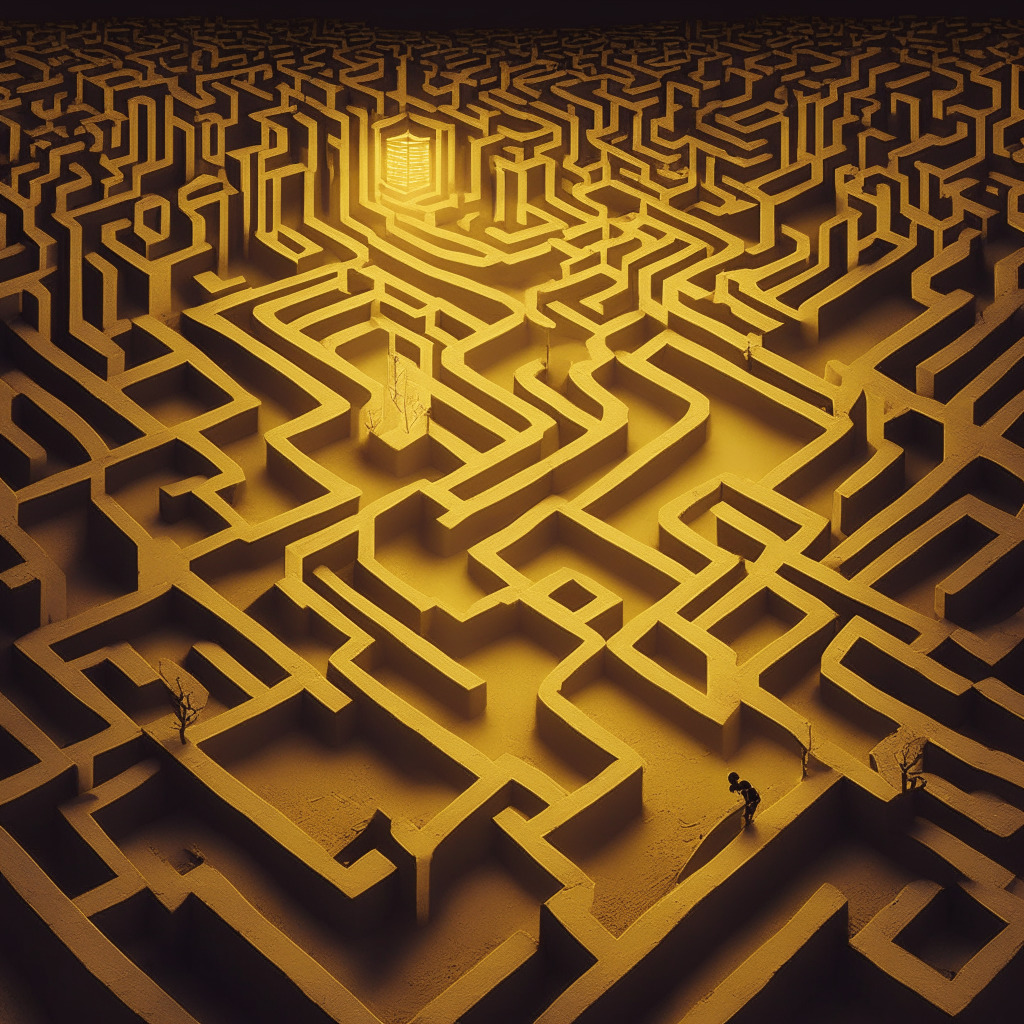 A dusk-lit scene in a maze-like landscape representing the complex US regulatory environment. The dominating shade is a muted gold, symbolizing Ethereum. Scattered, dimly lit doorways represent closed staking services. A severed Ethereum link lies at the heart of the labyrinth, embodying the termination of Bitstamp's Ethereum staking for US users. The overall mood is suspenseful, suggesting regulatory uncertainty and unexpected future developments.