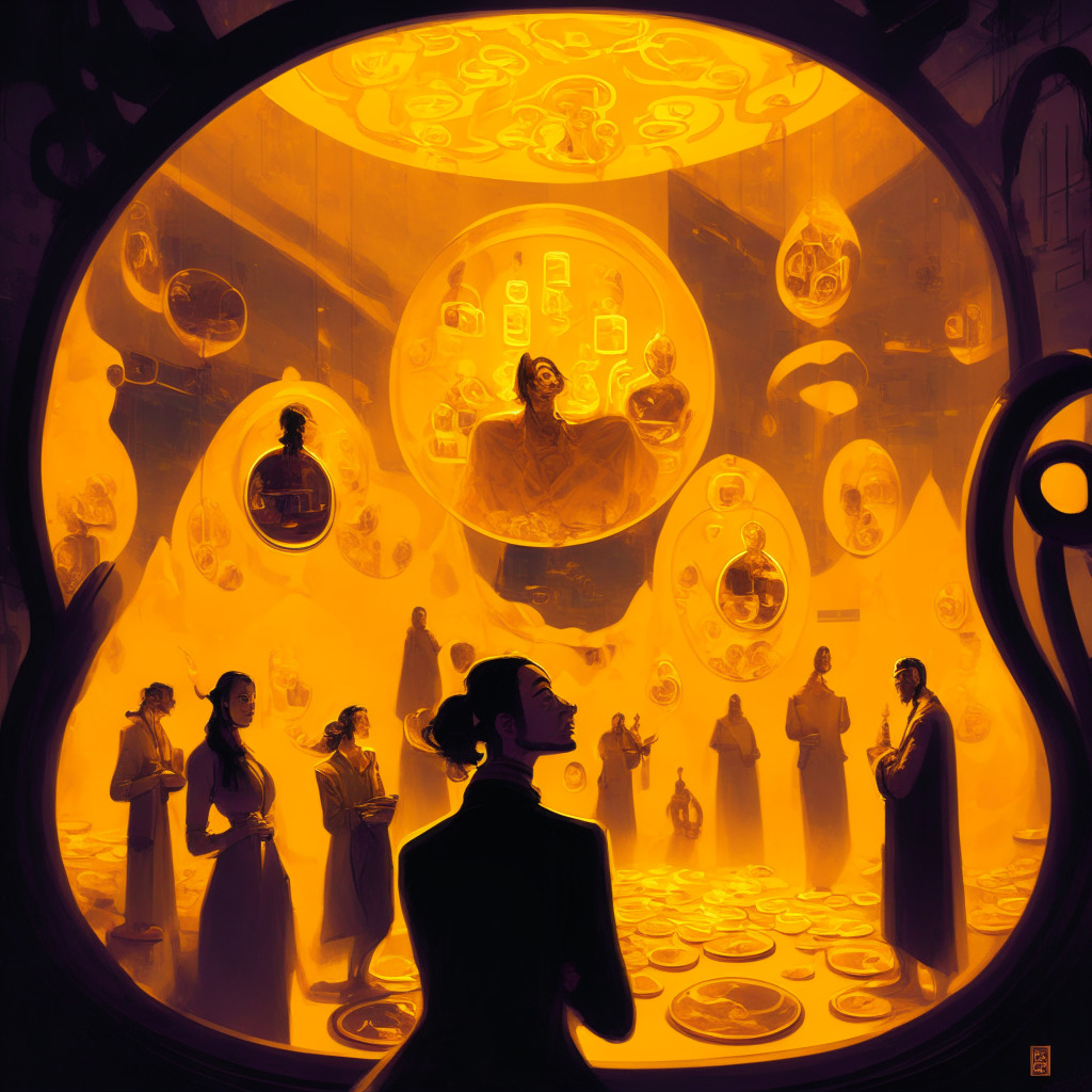 A surreal, Dali-esque representation of a traditional market space transitioning into a digital realm. Traders with concerned expressions, surrounded by ghostly suspended tokens including Axie Infinity & Solana. Mood is tense, underlit by a soft, regulatory amber glow, hinting at SEC's influence. Art mirror reality, stimulate thought on crypto regulations.