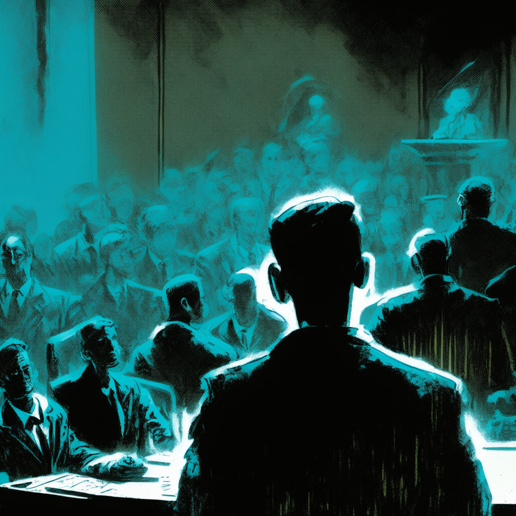 Dramatic courtroom scene, faded charcoal and graphite tones, heavy spotlight focussed on a pile of golden bitcoins representing controversy. One side, a group of shadowy developers cloaked in skepticism. The opposing side, an ominous figure embodying deceit and controversy. Background aglow with an electrifying cyan, symbolizing cyber space. Mood - intense, conflict-ridden, electrifying.