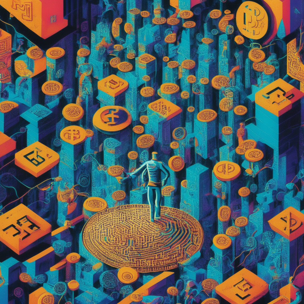 A labyrinth of blockchains and cryptocurrency coins rendered in dynamic, vibrant colors, illustrating the complex world of cryptocurrency. High in the sky, a looming figure, representing the financial giant BlackRock, with links connecting it to an intricate network of political forces, symbolizing Wall Street and Washington. Small human figures stand, gazing suspiciously, reflecting crypto enthusiasts in a state of uncertainty. In one corner, a balanced scale representing a precarious Bitcoin ETF application, weighed heavily on one side, symbolizing BlackRock's influence. Artistic style executed in a surreal, cubist manner, with the mood of the scene conveying a sense of anxiety and anticipation. The light setting is a twilight glow, adding an air of mystery and intrigue to the scene.
