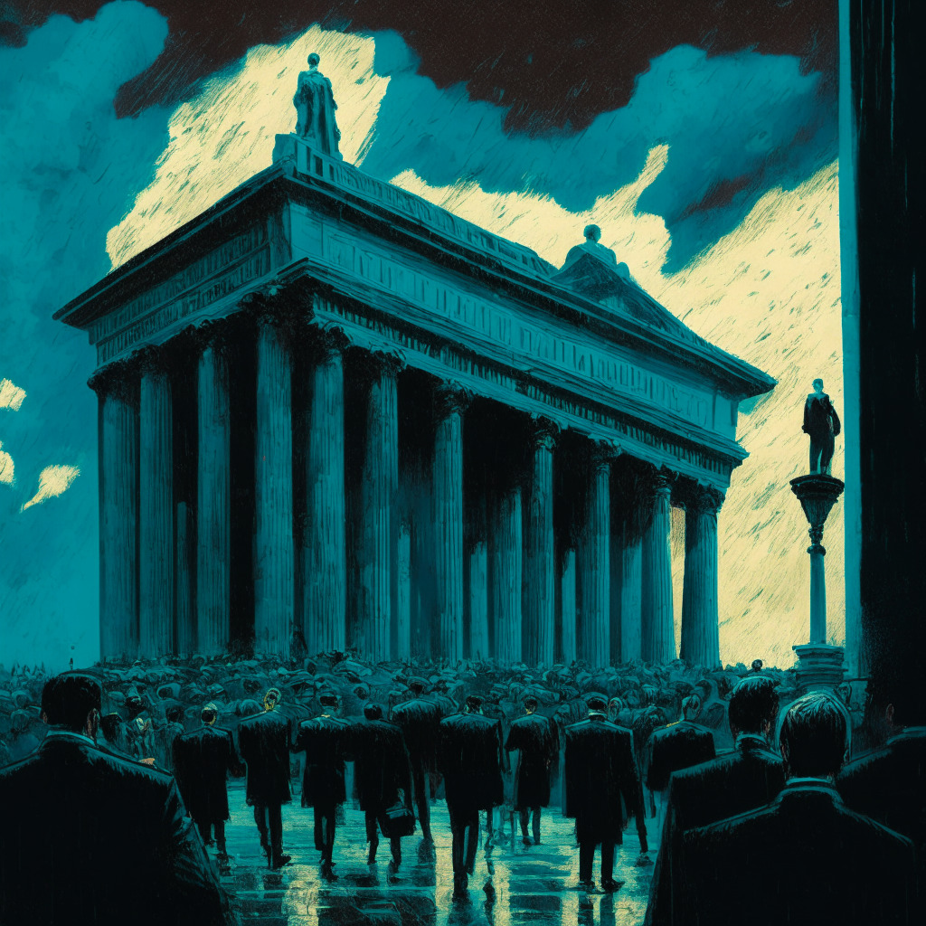 Surreal courthouse with stately pillars, dark ominous sky, under a Van Gogh-like impasto twilight. Forefront, a confused crowd of first responders and law enforcement personnel, clutching digital tokens, betrayed expressions. Background, deceitful figure exiting, a trail of falling tokens behind. Setting evokes regulatory vigilance, mislead trust, and financial loss.