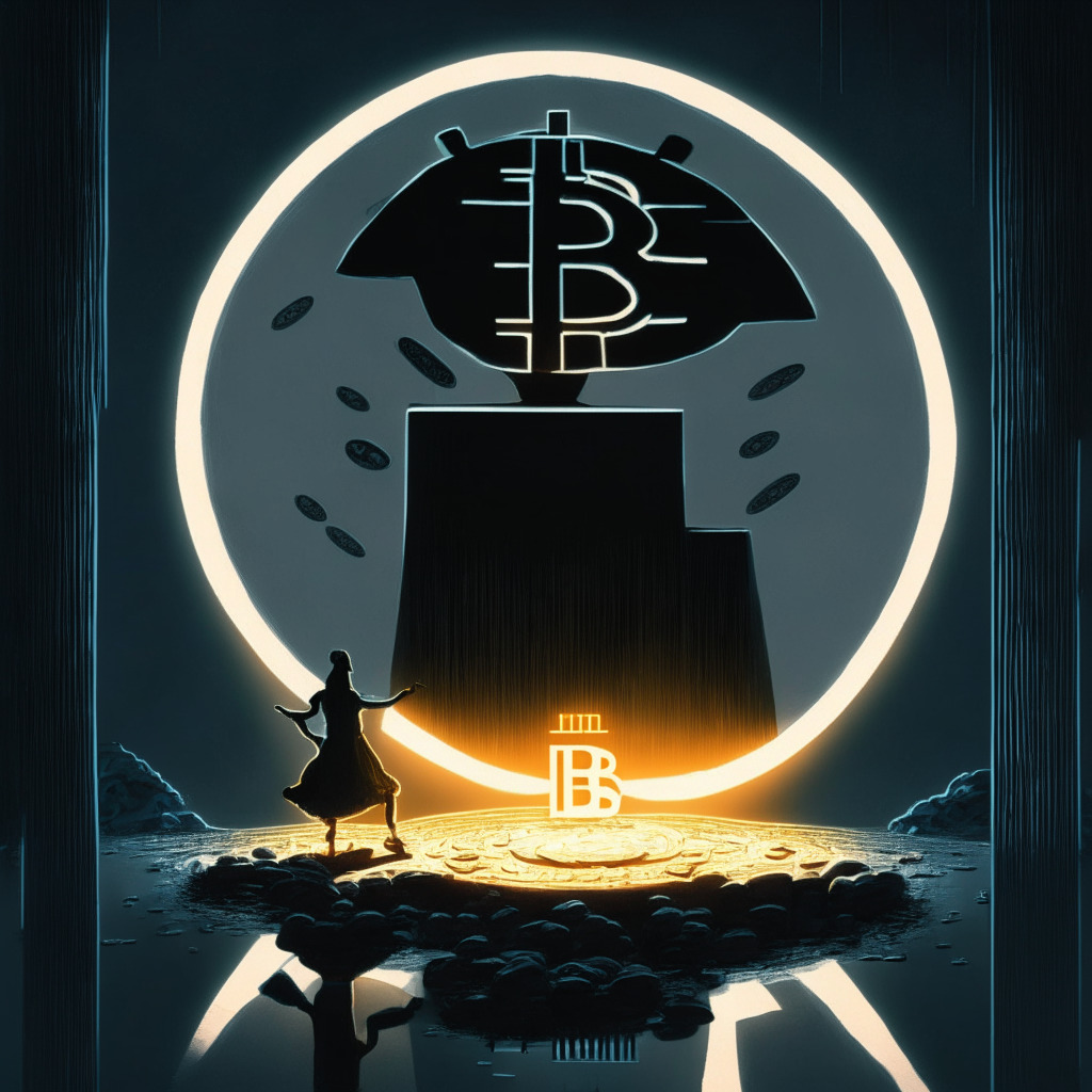 Dramatic scene with dim, halogen lights illuminating a symbolic scale. On one balance pan, an iconic Bitcoin coin shining brilliantly, signifying Block Inc.'s soaring profits, on the other, an ominous black shadow portraying crypto security threats, all in a futurism art style. The atmosphere is anxiety-inducing but intriguing.