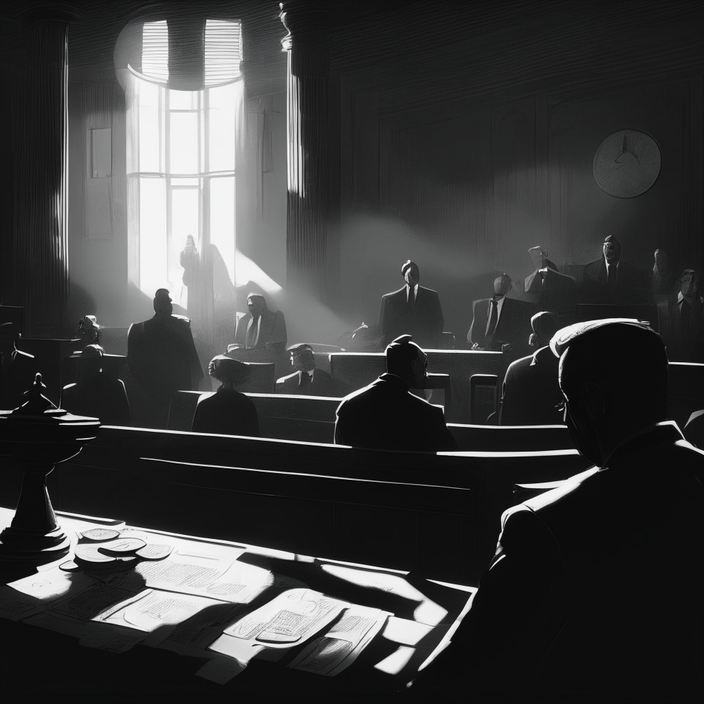 Detailed courtroom scene reflecting BlockFi's bankruptcy drama, executed in a brooding, noir style. The centerpiece features a crypto coin, encapsulating the turbulence of the matter. Evening light setting casts elongated shadows, creating a sense of tension and uncertainty. The scene exudes a somber mood, echoing the sobering battle for survival and resilience.