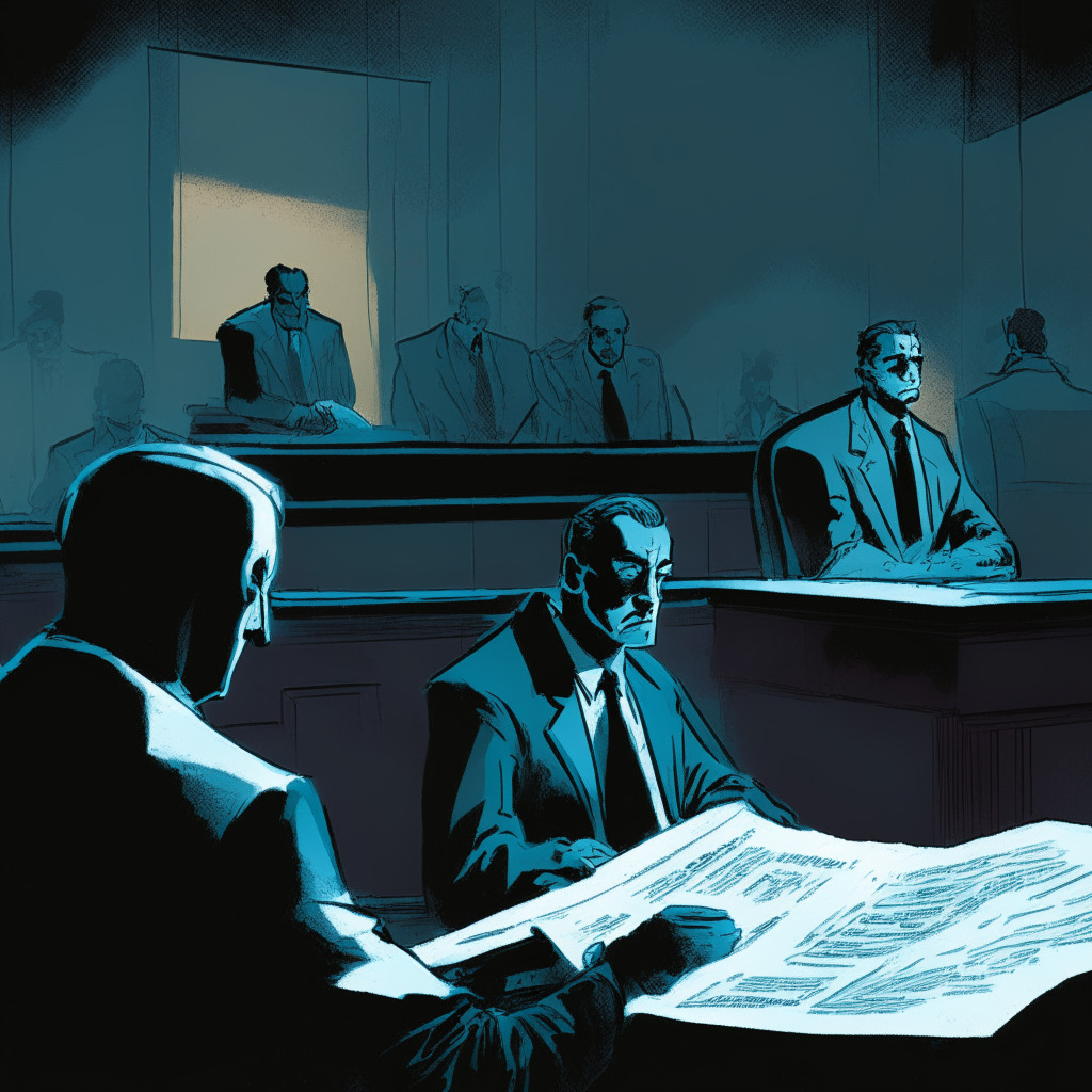 A dimly lit courtroom, with hues of blues and grays adding to the ominous ambience. In the foreground, a confident man, representing 'BlockFi's Restructuring Officer, highlighting a document which stands for the contentious bankruptcy plan. In the background, figures representing FTX, 3AC and SEC loom, cloaked in dissatisfaction, their expressions colored by skepticism. The overall mood is tense and uneasy, with scattered coins symbolizing cryptos surrounded by subtly suggested representations of dissolved firms.