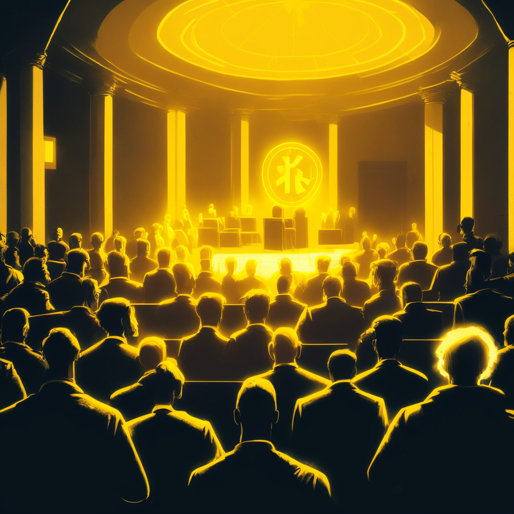 A large, sombre courtroom lit by soft yellow light, with a massive cryptocurrency symbol in the background going through a metamorphosis into stablecoins, reflecting the process of BlockFi's 'trade only' assets' conversion. In the room, a diverse group of people, symbolizing the BlockFi creditors, watching the transformation with anticipation and doubt. Hidden in the crowd, a Nigerian woman wearing traditional dress, holding a Patricia Token, a mixed expression of hope and worry on her face. The whole setting appears in a semi-abstract art style, emphasizing the uncertainty and tension in the air.