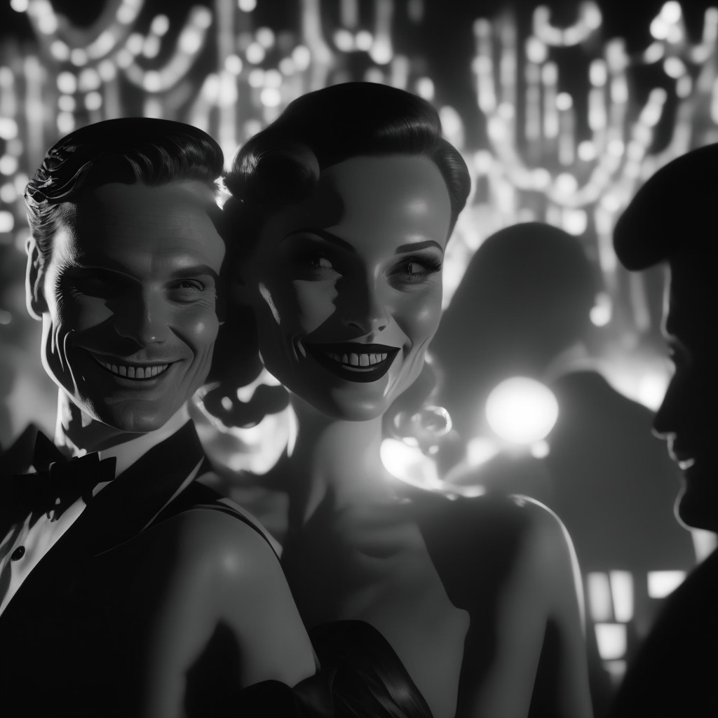 Dark, dramatic scene in film noir style, two mysterious, glamorous figures at a lavish tech event, their smiles masking sinister secrets. In the background, a digital web, denoting deceptive crypto transactions, engulfs them. The ambience is tense, a medley of ostensible riches, surreptitious schemes, crafty criminals evoking tension, and impending doom.