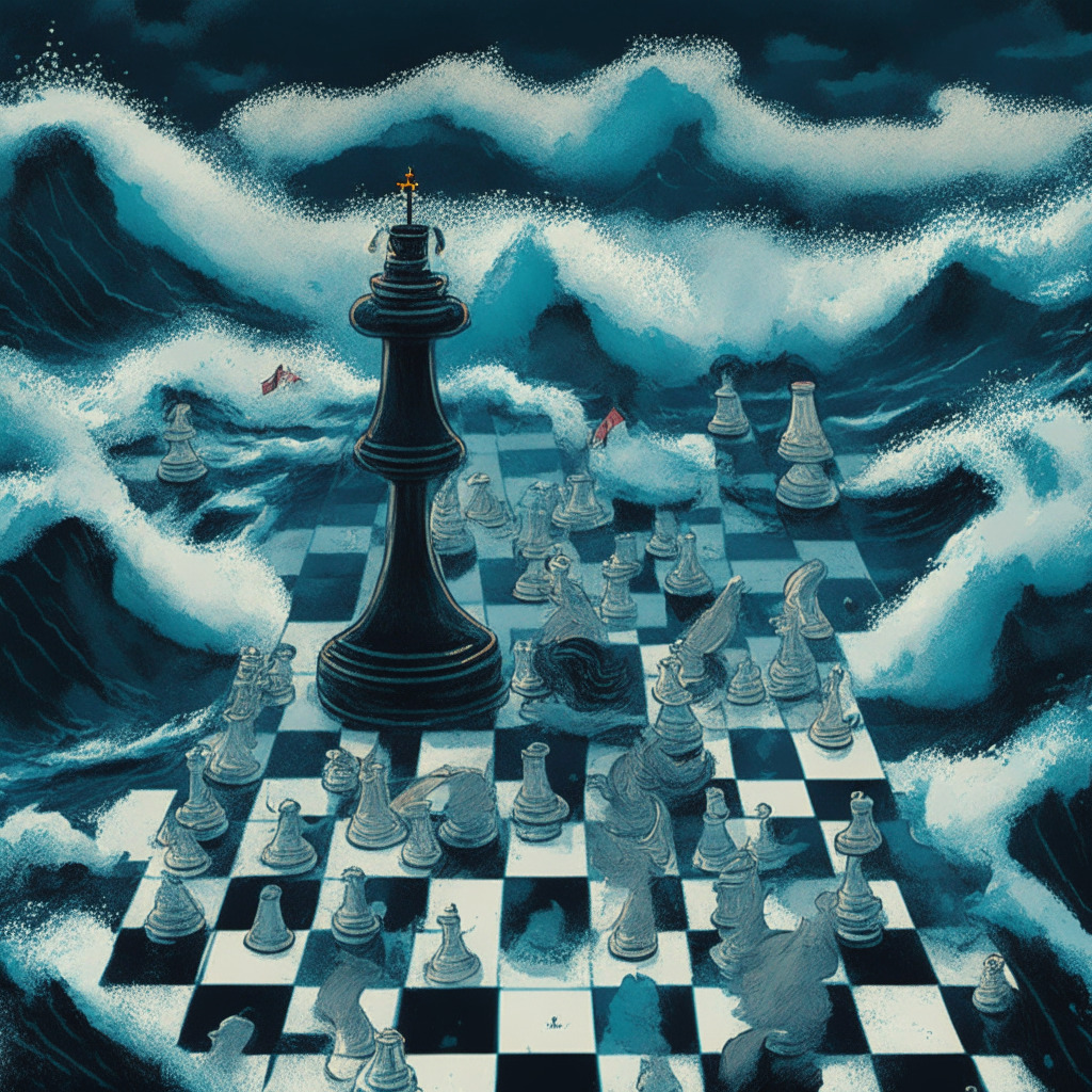 Depiction of a classic 'Hold-and-Wait' strategy within the chaotic crypto market, Atmospheric mood of uncertainty tinged with improbable hope, A chessboard is seen with one piece cruising past others demonstrating the superiority of HODL strategy, Hovering over a tumultuous sea symbolic of crypto market unrest, Colors follow cool, gloomy palettes to represent market unease, Hints of bright rays piercing through the overcast sky implying the potential for financial gain, Artistic style blends realism with metaphoric interpretations.