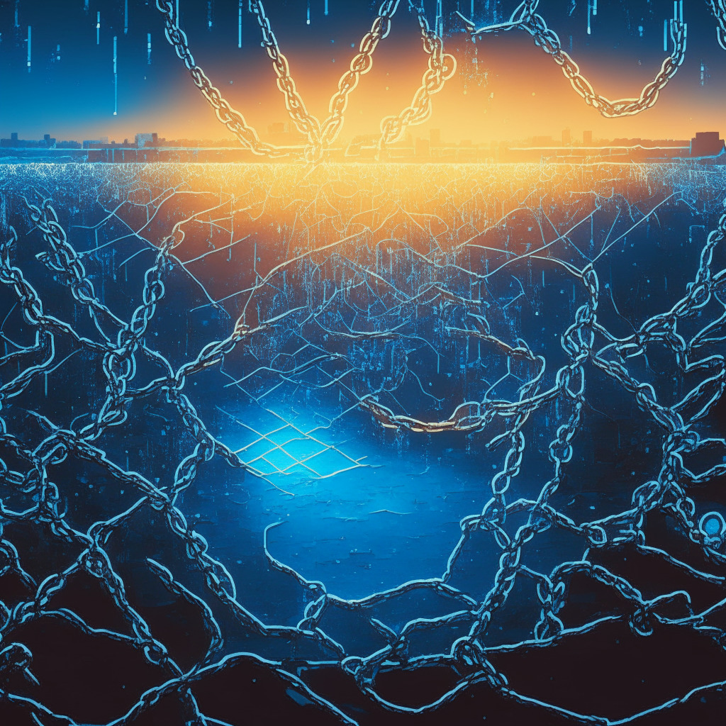 A layered landscape of interconnecting chains, reflecting Shibarium's complex blockchain. Bright lights symbolizing sudden growth of wallets, bathed in the warm glow of a triumphant sunrise for resurgence after relaunch. Shadowy patches representing operational hiccups, drenched in muted blues showing the trials faced. A backdrop showing time as an abstract concept, alluding to the uncertainty of future evolution. Mood: hopeful yet cautious.