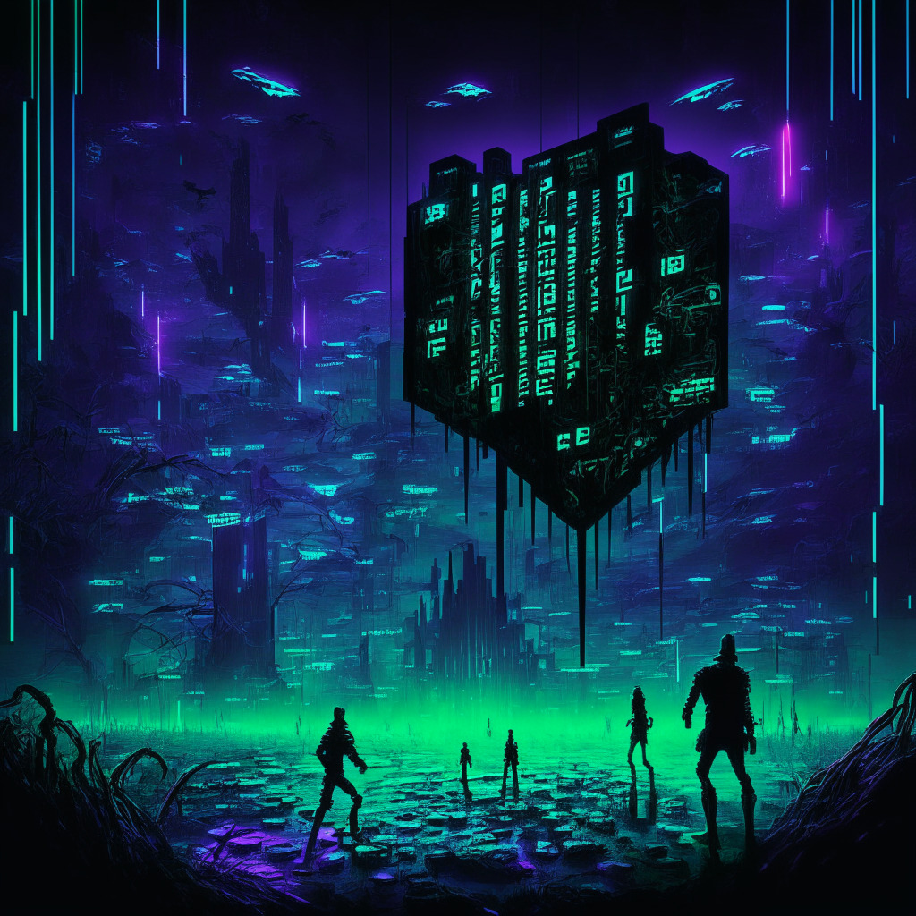 Dark, dystopian cyber landscape peppered with neon glowing digital game tokens and elusive rewards, blockchain matrix in the background symbolizing play-to-earn model, ominous shadowy figures representing cybercriminals and victims playing, air of risk and tension, an eerie glowing warning sign cautioning utmost vigilance.