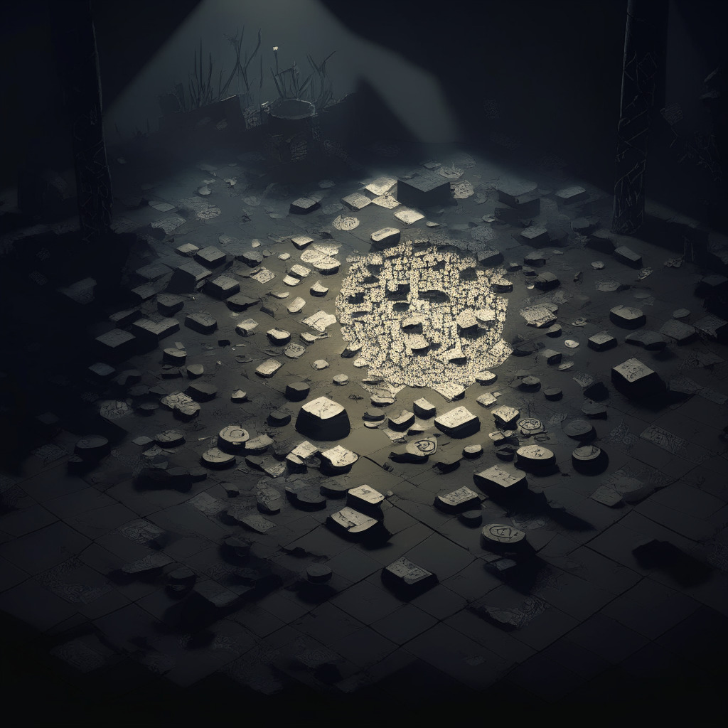 A complex digital game landscape shrouded in shadow, dotted with symbols of blockchain and devalued game tokens crumbling. In the midst of the scene, a single spotlight illuminates an image of an unfinished game, symbolizing rushed development processes, in a muted, dark-color realist style. The mood is pessimistic, hinting at the economic and creative challenges faced by the blockchain gaming industry.