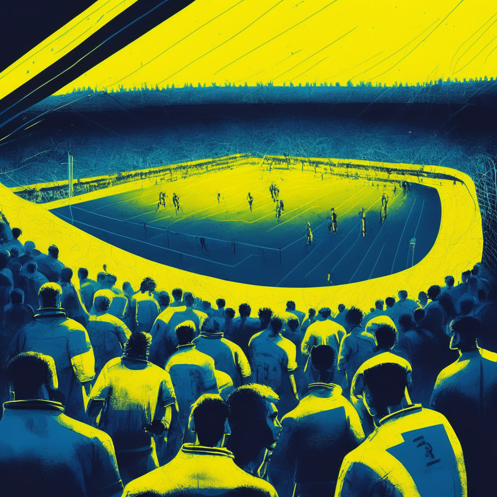 Dystopian soccer match in the twilight-lit metaverse, solid figures of global players reimagined in Ukrainian yellow and blue, stadium bustling with dynamic, virtual crowd. Mood: electrifying yet thoughtful. Digital collectable-style sticker album spiraling to life, echoing notes of futurism and uncertainty. Subtle undertone of generosity and charity.