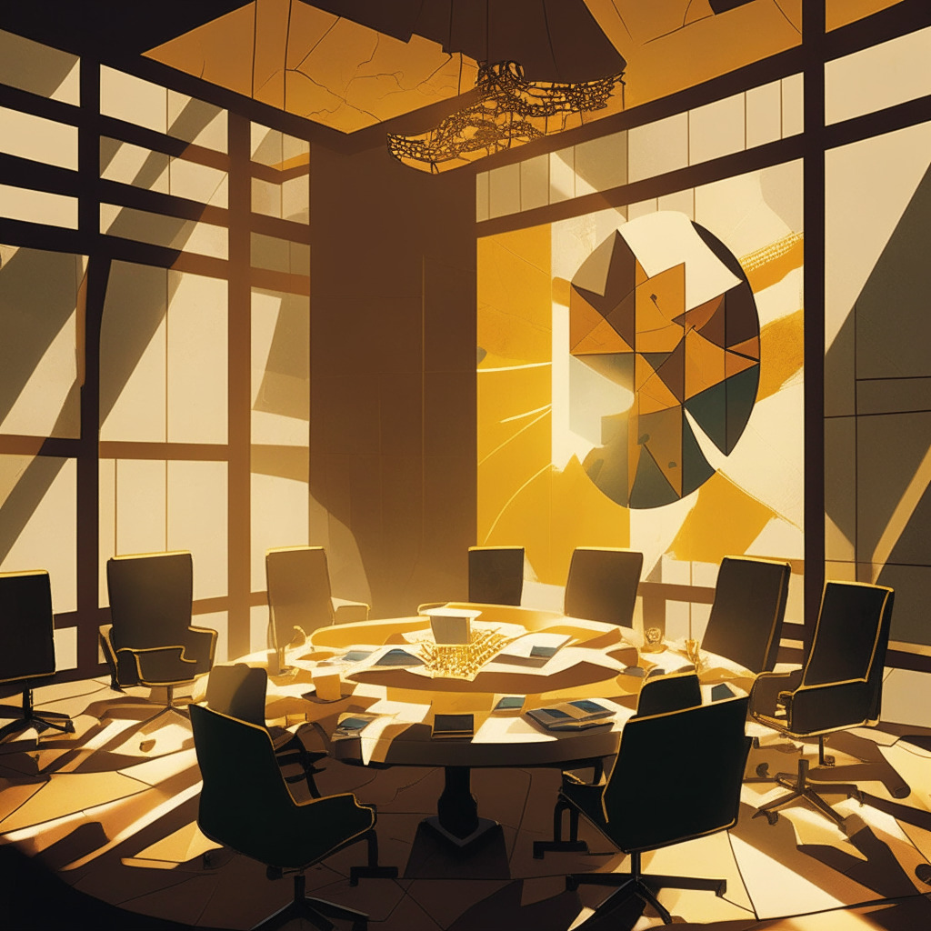 A late afternoon scene in a corporate boardroom, suffused with soft golden light for an air of innovation and transparency. In the center, a symbolic puzzle, half traditional business attributes and half block-chain elements, represents partnership. Mood is cautiously optimistic, style - cubism, underlining the theme of decentralization.
