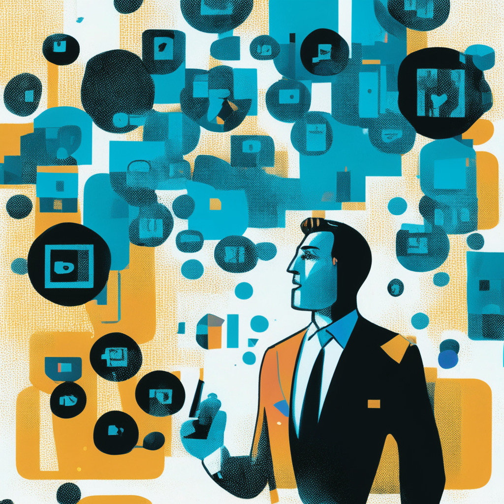 Vivid depiction of the CEO of a blockchain payment app speaking confidently, spotlighted in the foreground. Conceptual chat bubbles containing symbols of cryptocurrencies around him, suggesting a lively conversation. Background portraying an evolving silhouette of various blockchain networks, omitting specific brand symbols. The scene should radiate optimism, signaling a new era, painted in an abstract cubist style, lit by soft dramatic lighting.