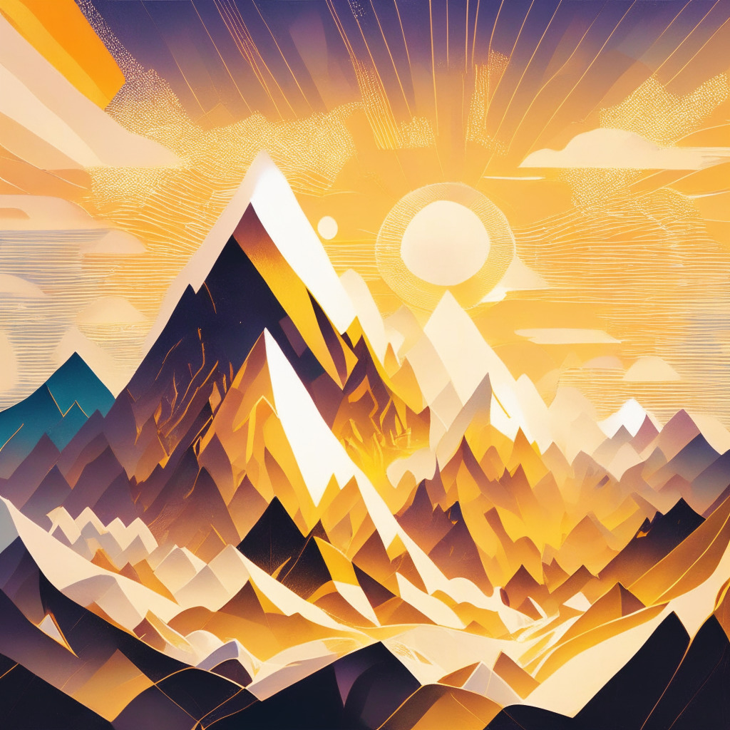 An abstract data-driven landscape representing a monumental rise in the crypto world, painted in bold futurism style. A soaring metaphorical mountain peak bathed in the warm hues of dawn light, symbolizing Friend.tech's rapid success. Achievements represented by gold and silver paths, intertwining and surpassing myriad smaller crypto symbols in soft twilight. Effervescent user activity depicted as countless tiny lights scattered across the landscape, creating an exciting, dynamic atmosphere.