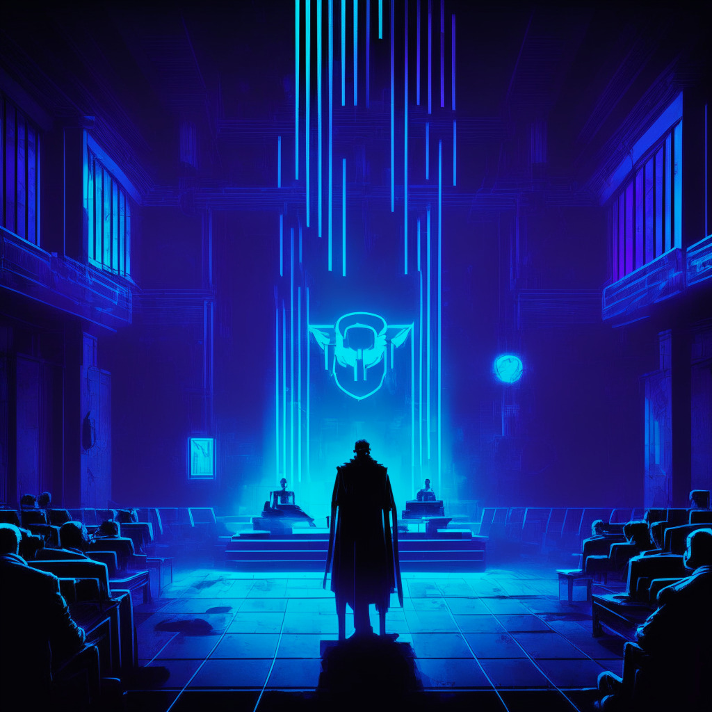 An abstract digital courtroom where a figure appears on trial, cast in a blend of cyberpunk and film noir styles. The figure is surrounded by the darkness of corruption, silhouetted against glowing neon holograms of cryptocurrency symbols. The mood is tense with expected justice, thick with anticipation. The room is illuminated by indirect, low intensity blue and purple lights, invoking a sense of suspense and mystery.