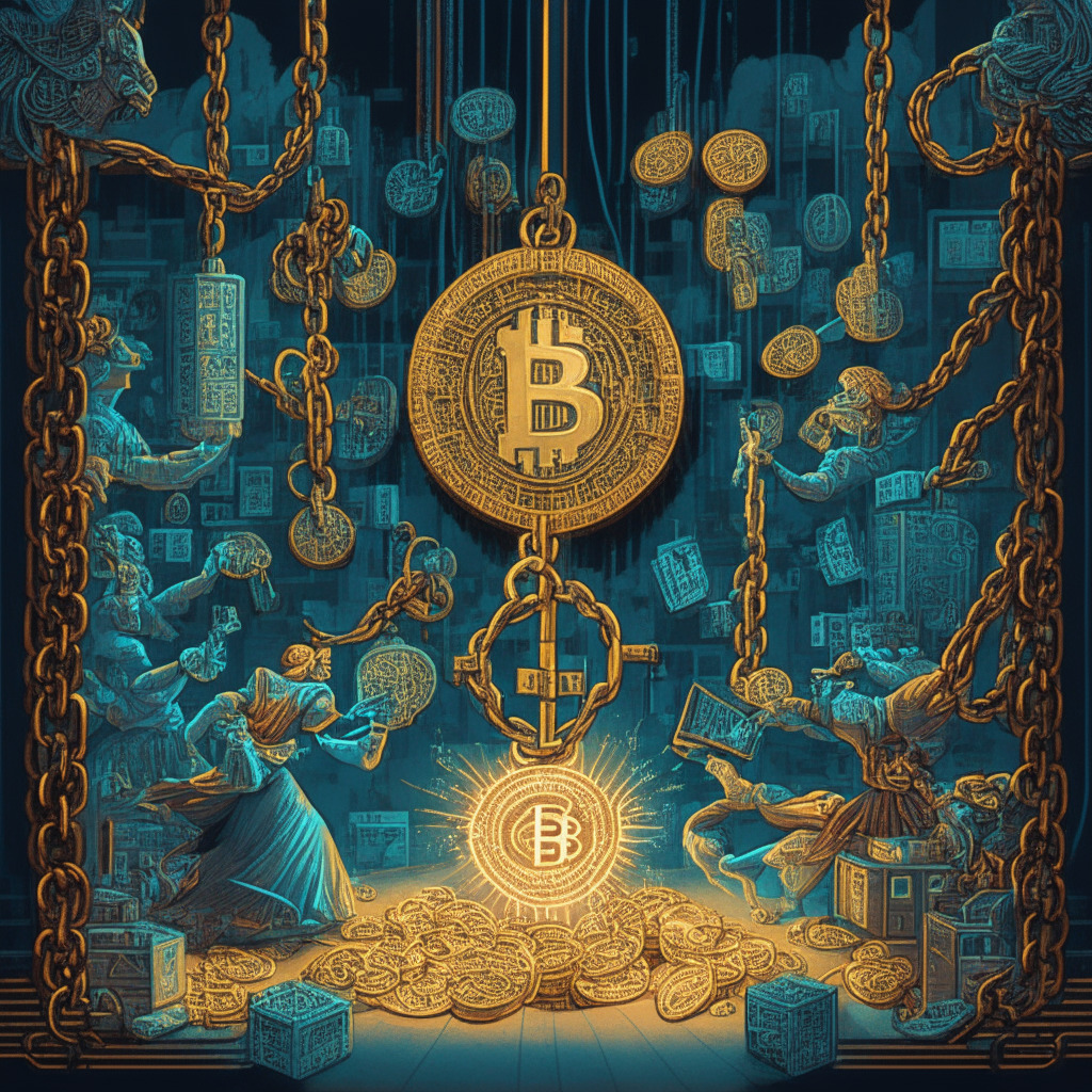 A dichotomous scene symbolizing Blockchain technology's revolutionary impact and potential pitfalls, in a Baroque-inspired style. On one side, celebrate bright, dynamic illustrations of achievements- vibrant coins, secure chains, gleaming transactions. On the other, depict dramatic, shadowy instances of crypto heists, disarrayed power grids symbolizing heavy energy consumption, and towering unregulated walls. The scene set in twilight, encapsulates both optimism and caution.
